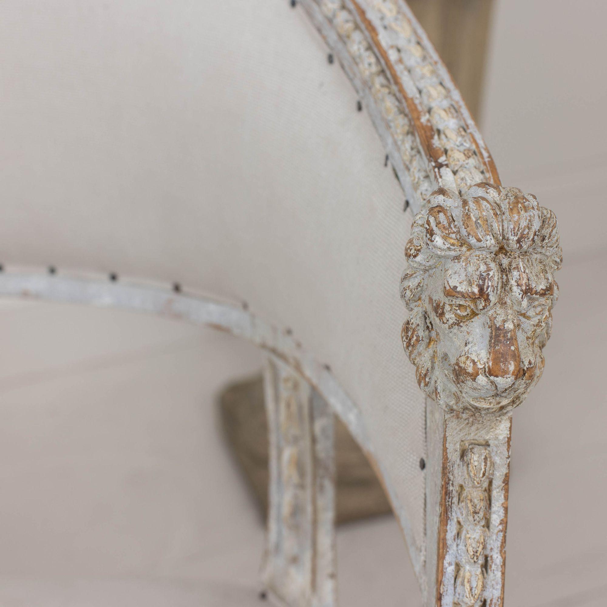 19th c. Pair of Swedish Gustavian Painted Barrel Back Armchairs with Lion Heads For Sale 4