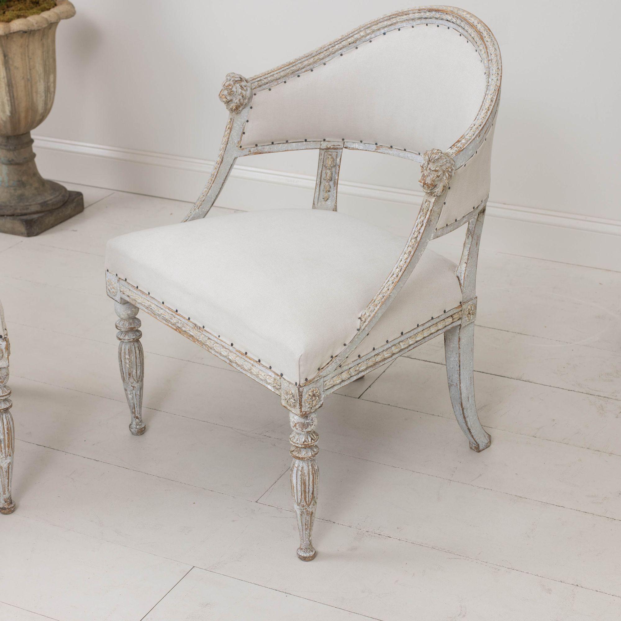 19th c. Pair of Swedish Gustavian Painted Barrel Back Armchairs with Lion Heads For Sale 7
