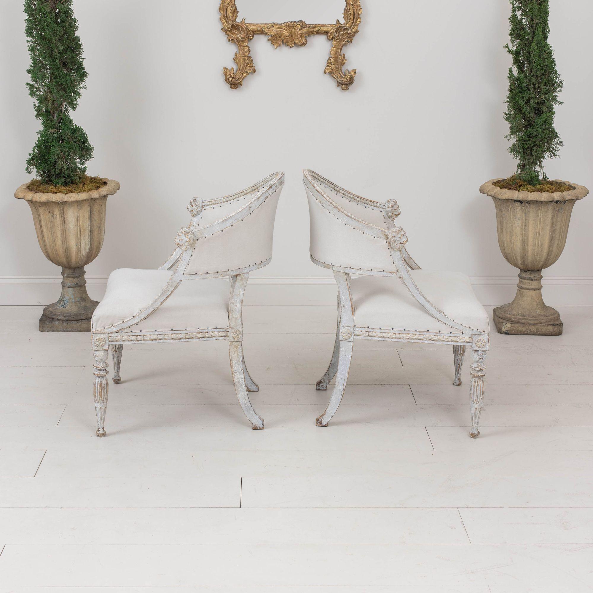 19th c. Pair of Swedish Gustavian Painted Barrel Back Armchairs with Lion Heads For Sale 11