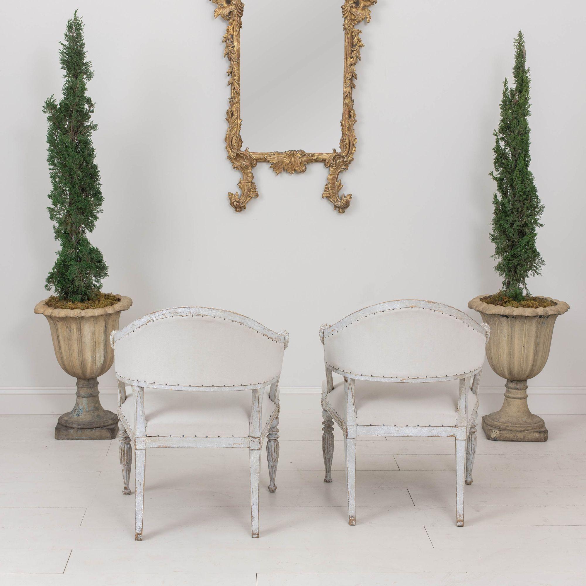 19th c. Pair of Swedish Gustavian Painted Barrel Back Armchairs with Lion Heads For Sale 13