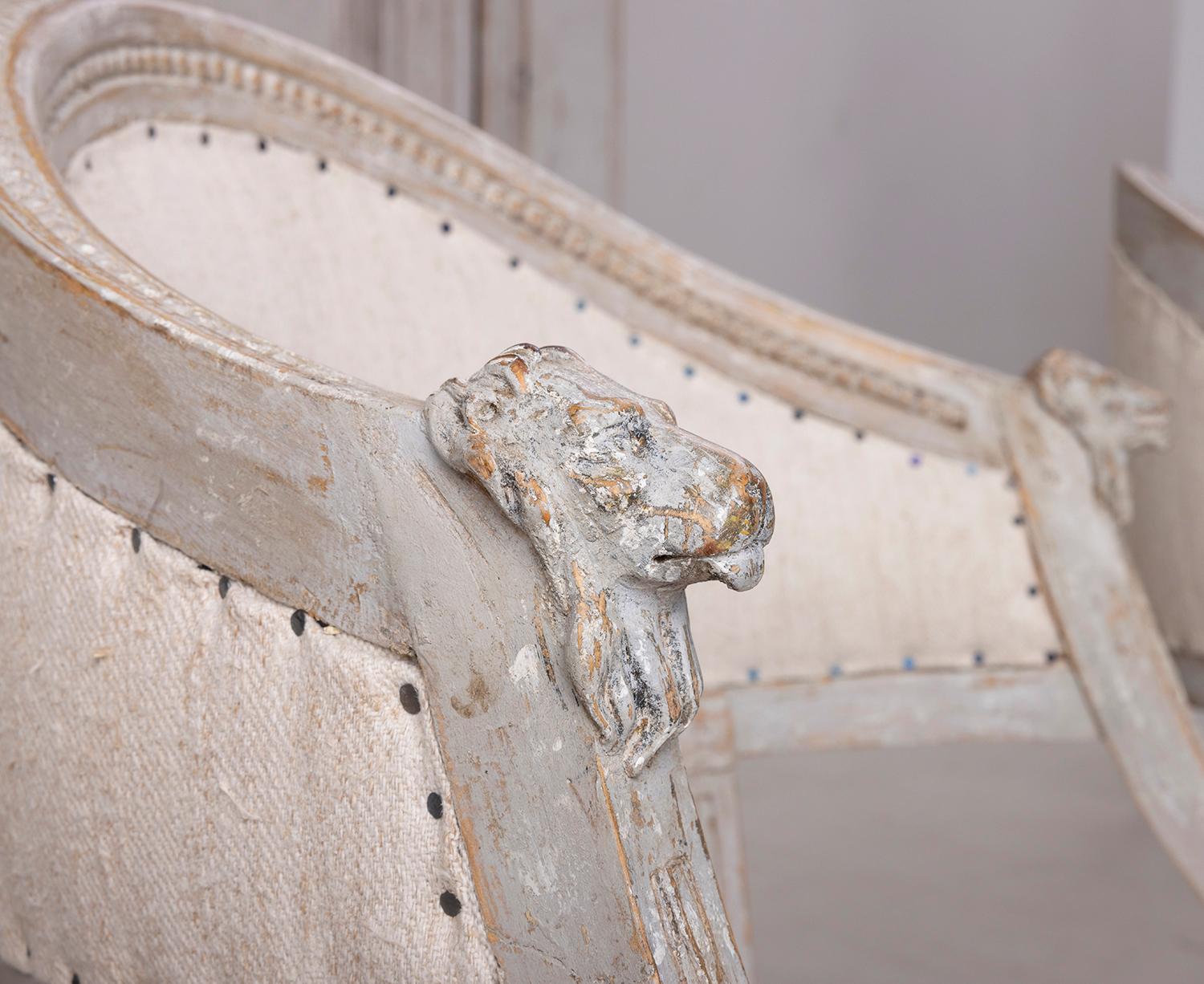 Hand-Carved 19th c. Pair of Swedish Gustavian Painted Barrel Back Armchairs with Lion Heads