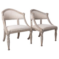 19th c. Pair of Swedish Gustavian Painted Barrel Back Armchairs with Lion Heads