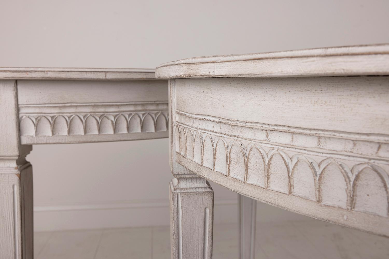 Hand-Carved Pair of Swedish Painted Demi-lune Console Tables, 19th c. Gustavian Style