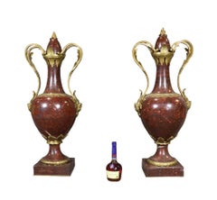 19th c Pair Palace Sized Rouge Marble and Bronze Mounted Cassolettes Urns