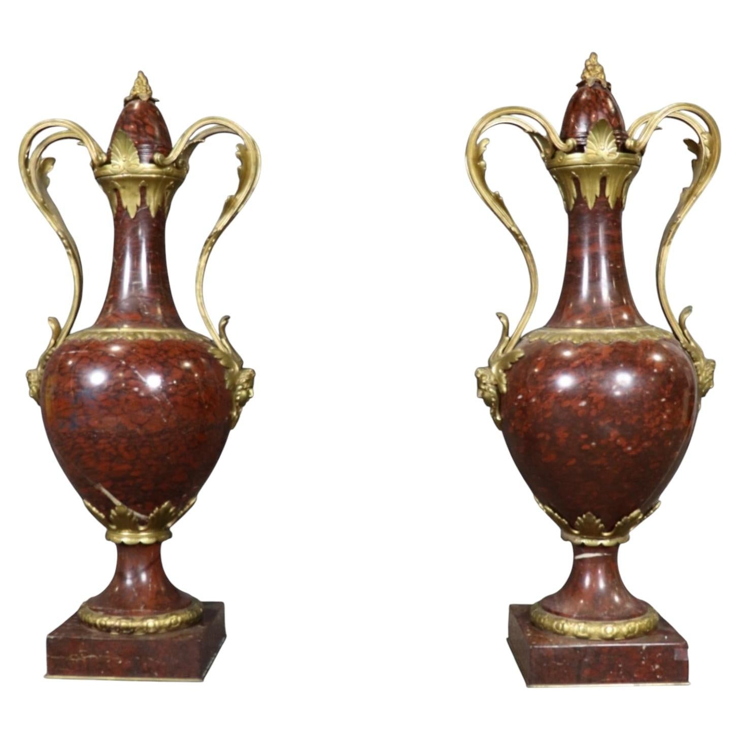 19th c Pair Palace Sized Rouge Marble and Bronze Mounted Cassolettes Urns For Sale