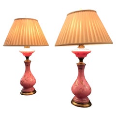 19th C. Pair Pink side Table Lamps Opaline Glass Vase Nightstand Lights antiques