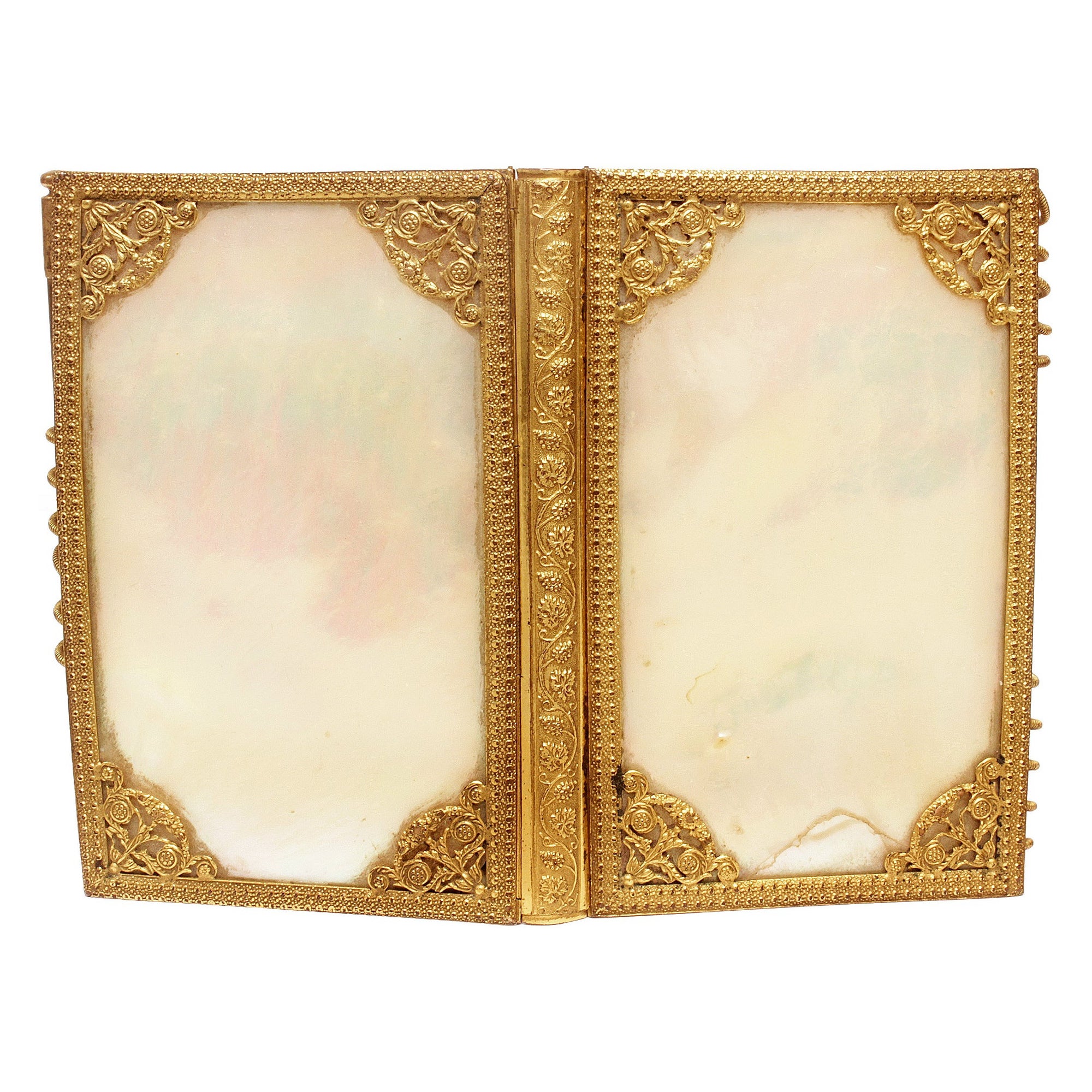 19th C. Palais-Royal Work Mother of Pearl 
Gilded Bronze Dance Card Notebook. For Sale