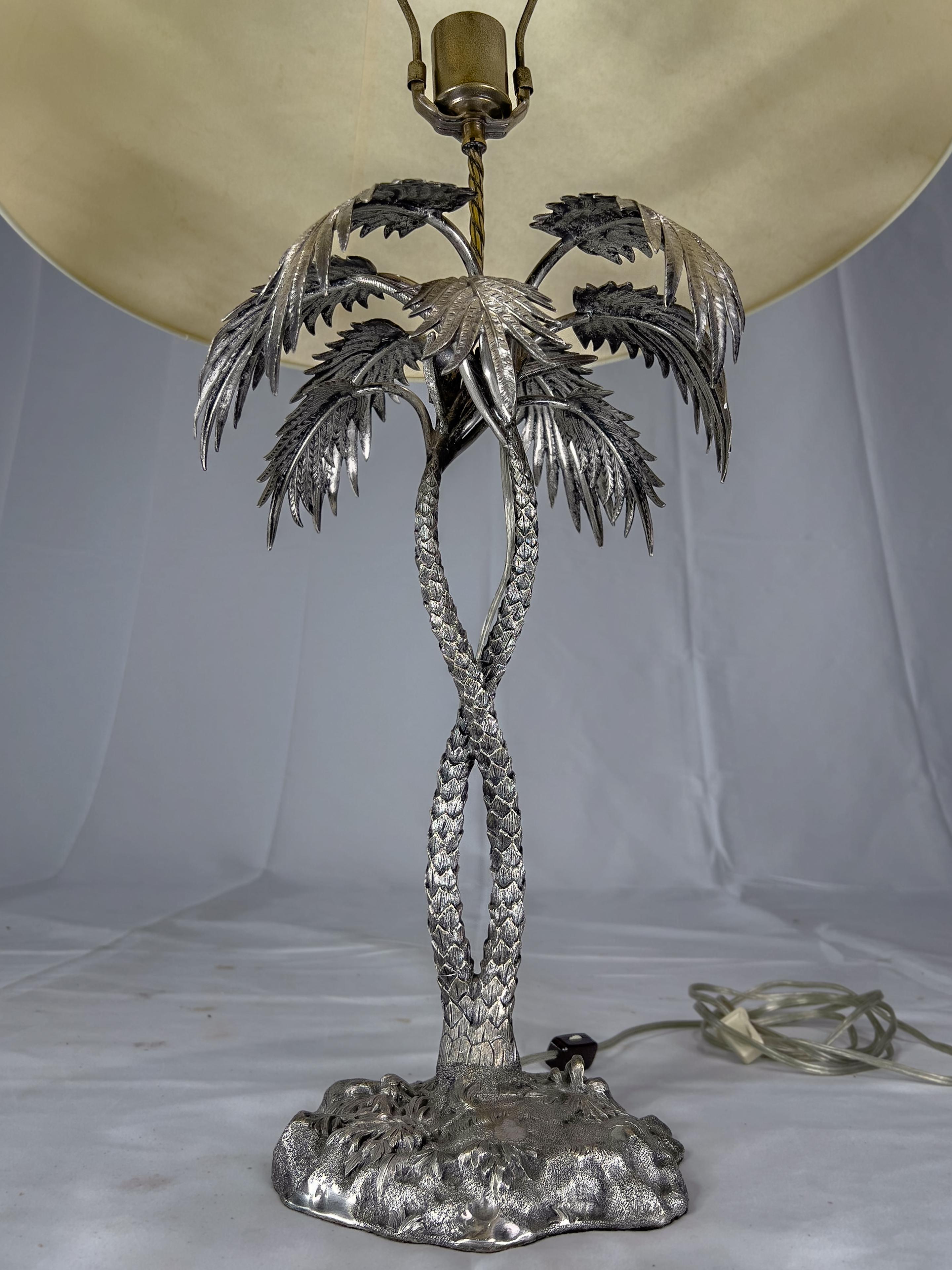 19th c. Sheffield silver plate in the form of a palm tree on a rocky mound made into a lamp.