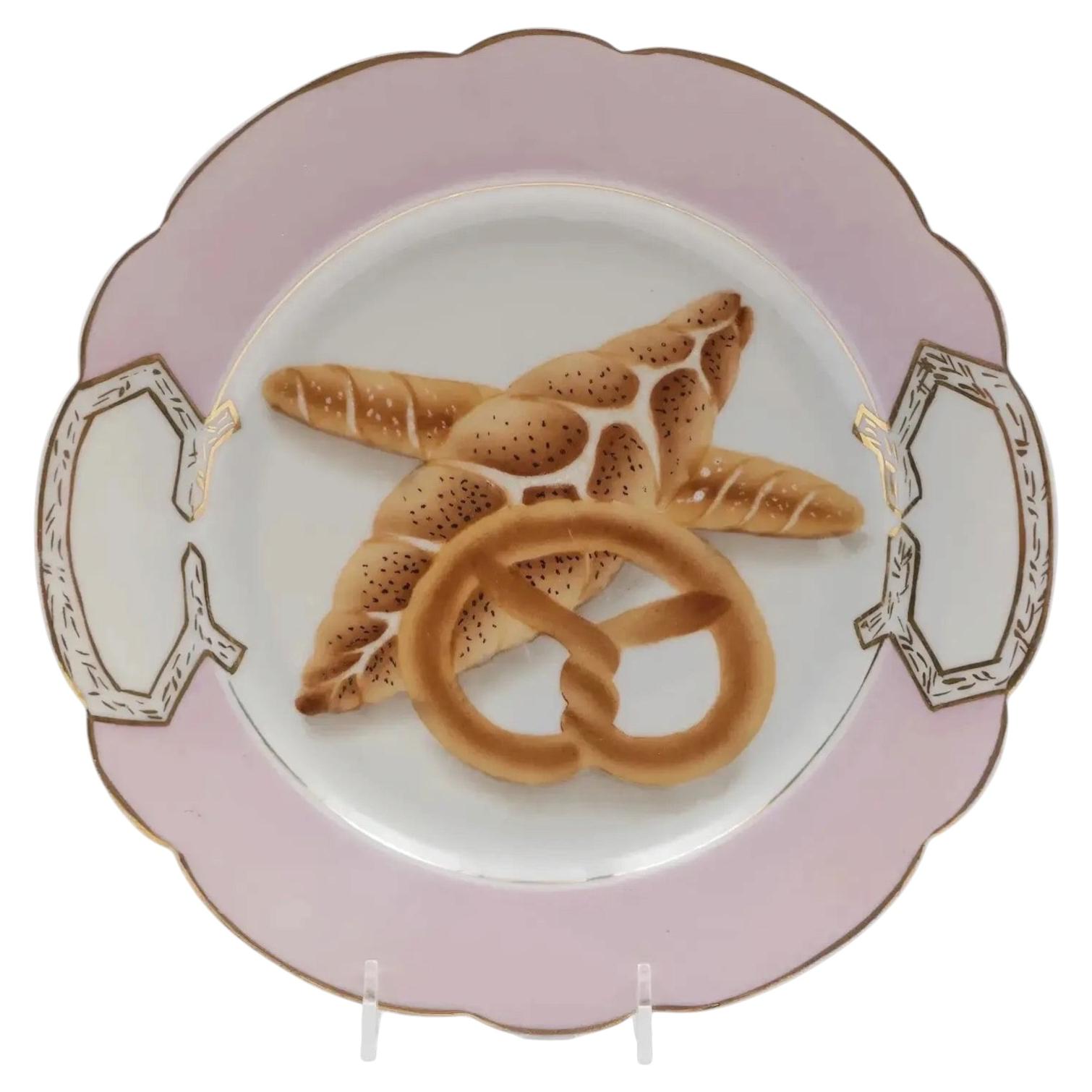 19th c. Paris Porcelain Trompe L'oeil Plate Decorated with Pretzel and Baguette For Sale