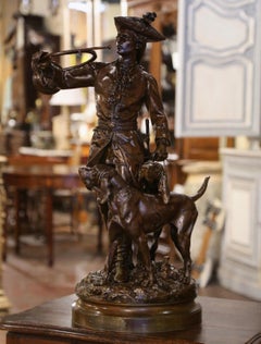 19th C. Patinated Bronze Hunter and Dog Composition Signed H. Moreau
