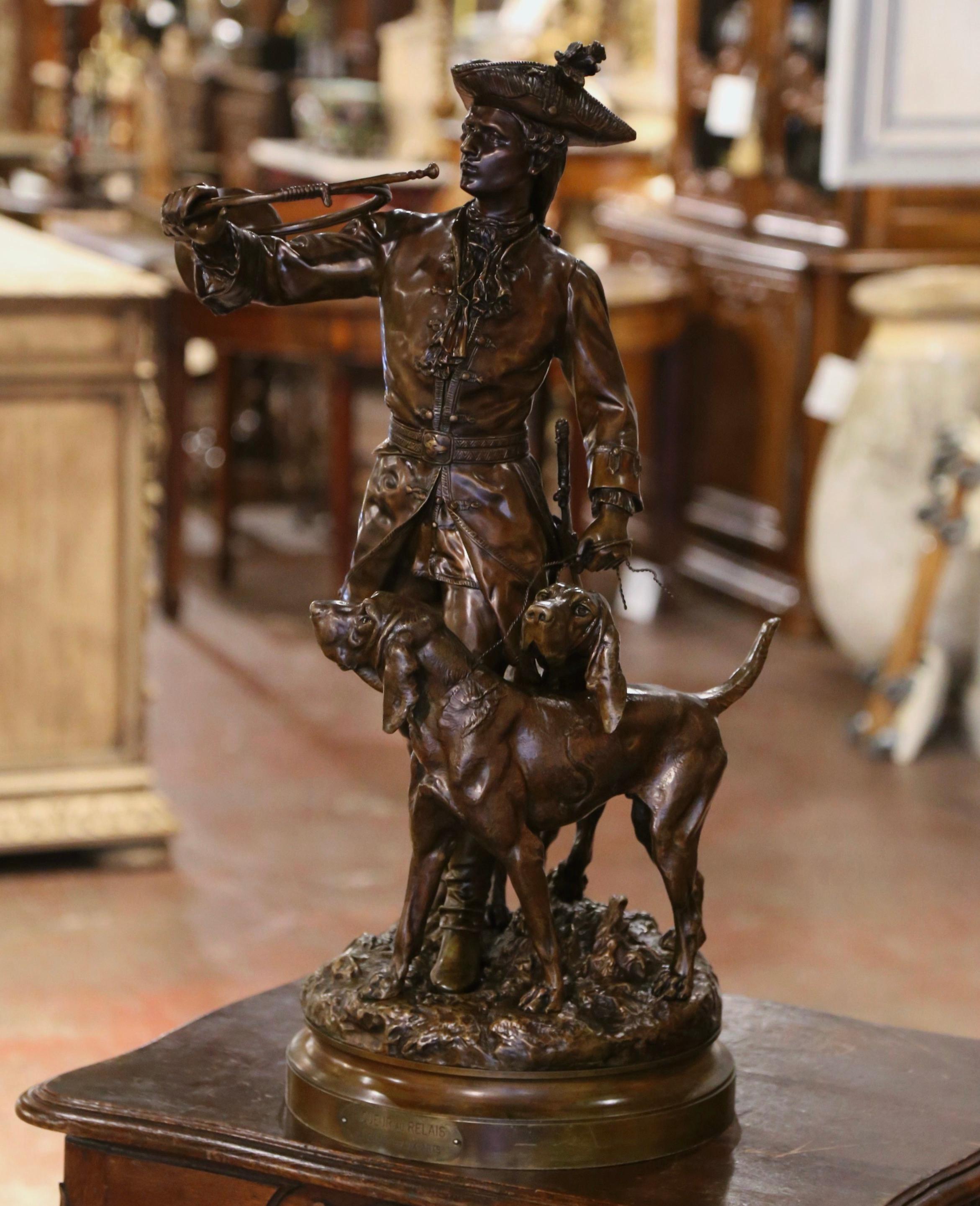 Bronzo Composizione di cani e cacciatori in bronzo patinato del XIX secolo, firmata H. H. C. in vendita