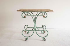 19th c Patisserie Table, Iron & Brass with Travertine Top, Verdigris Patina