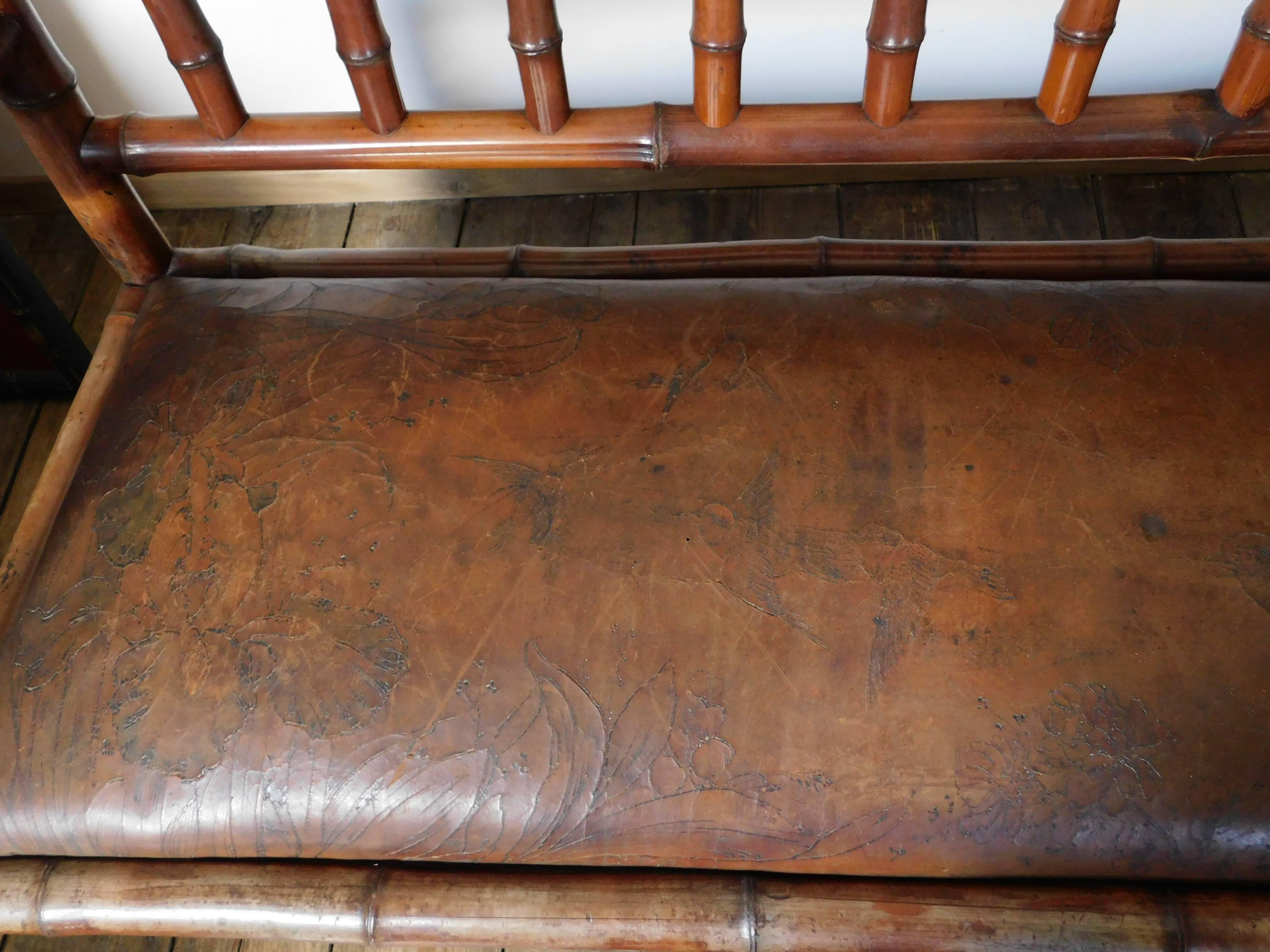 19th Century Perret Vibert Bamboo Settee with Decorated Leather Upholstery For Sale 5
