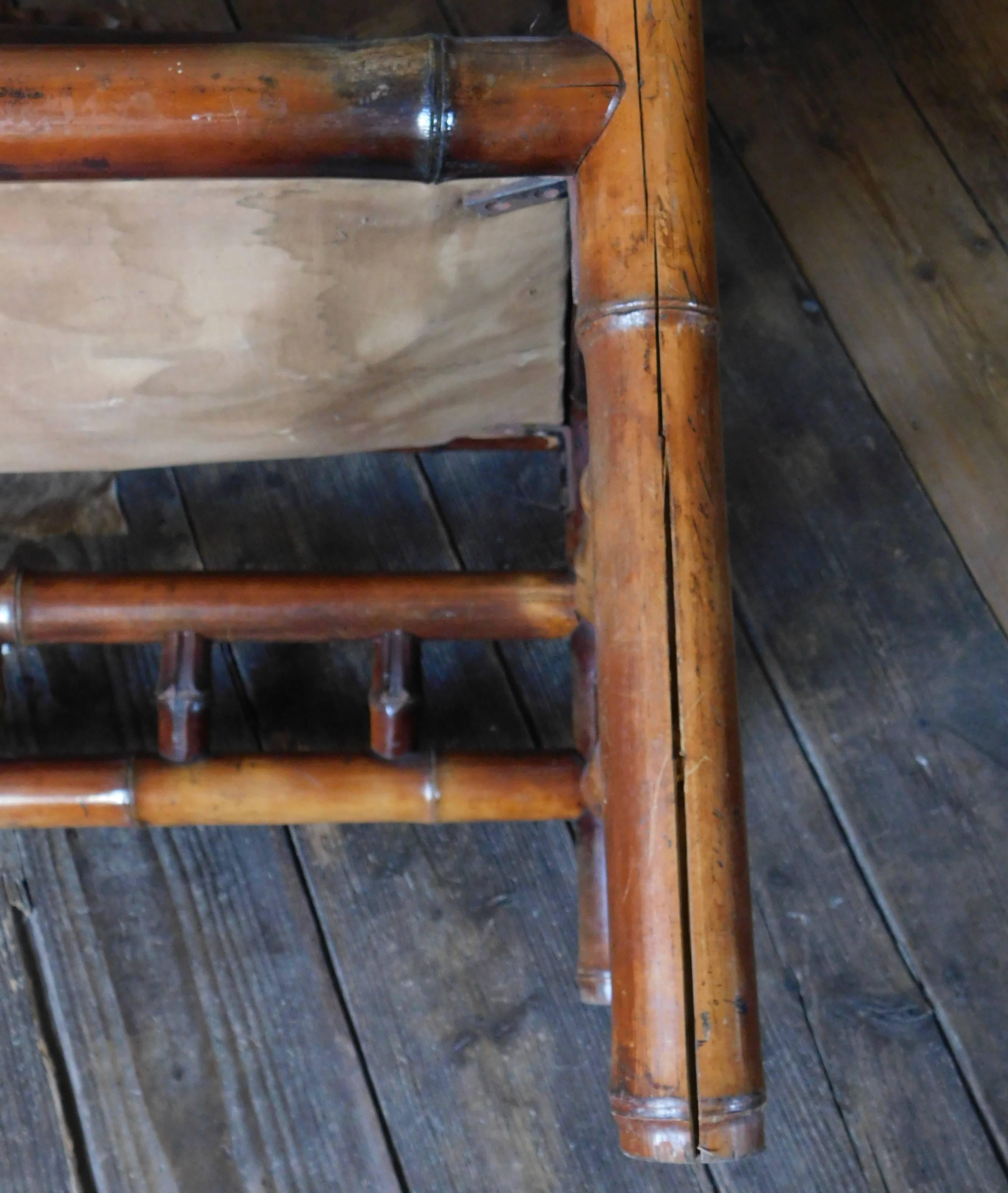 19th Century Perret Vibert Bamboo Settee with Decorated Leather Upholstery For Sale 1