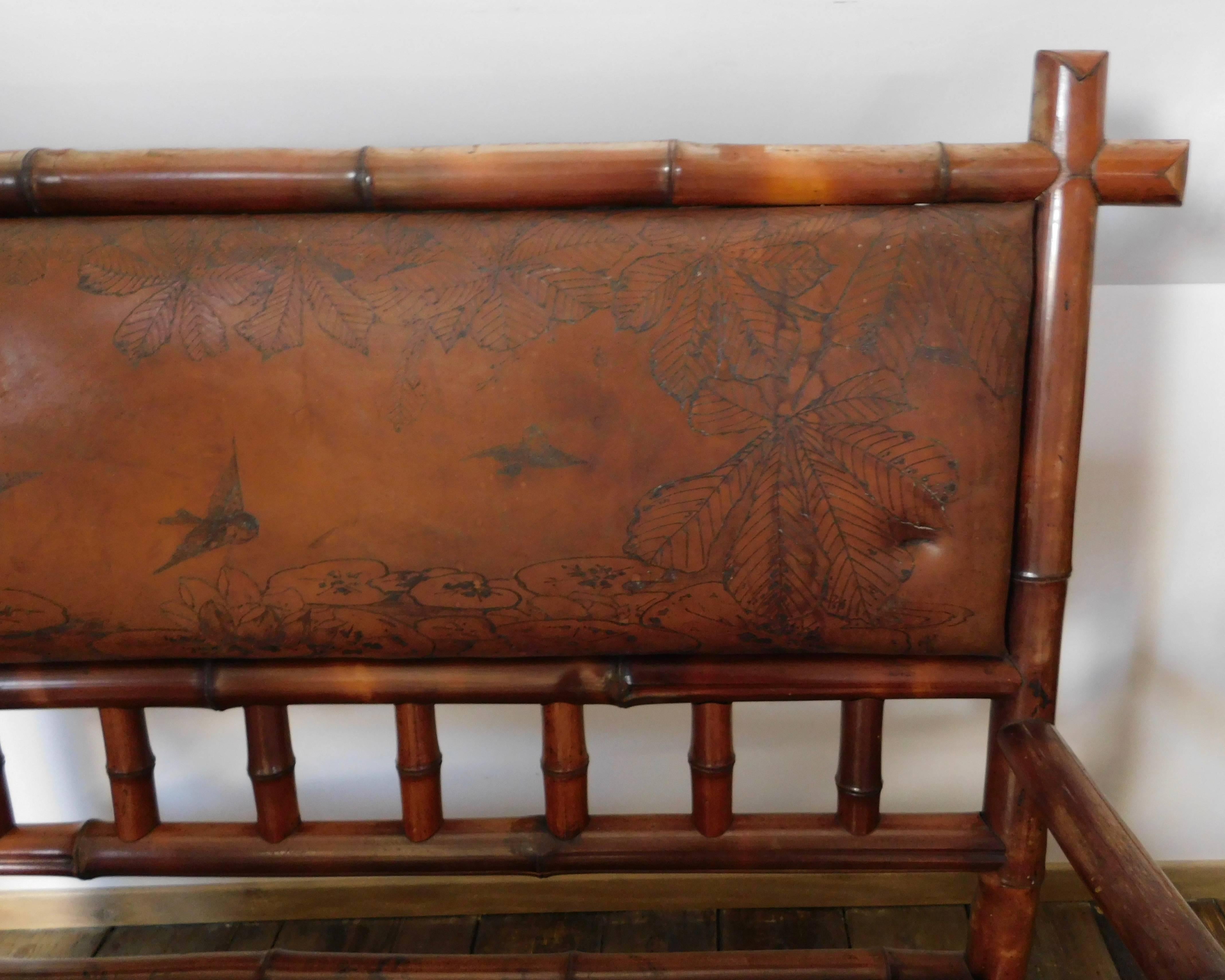 19th Century Perret Vibert Bamboo Settee with Decorated Leather Upholstery For Sale 2