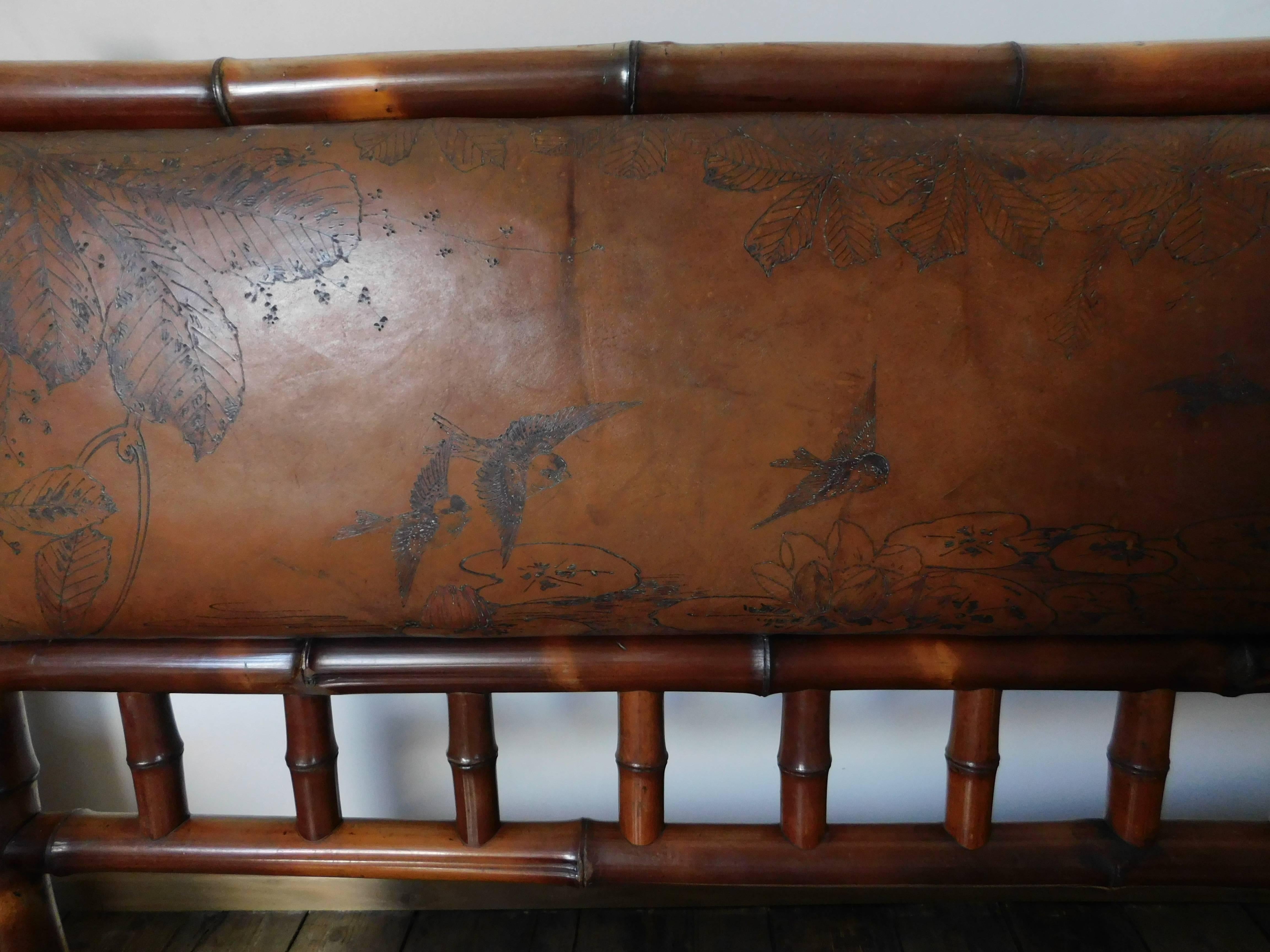 19th Century Perret Vibert Bamboo Settee with Decorated Leather Upholstery For Sale 3