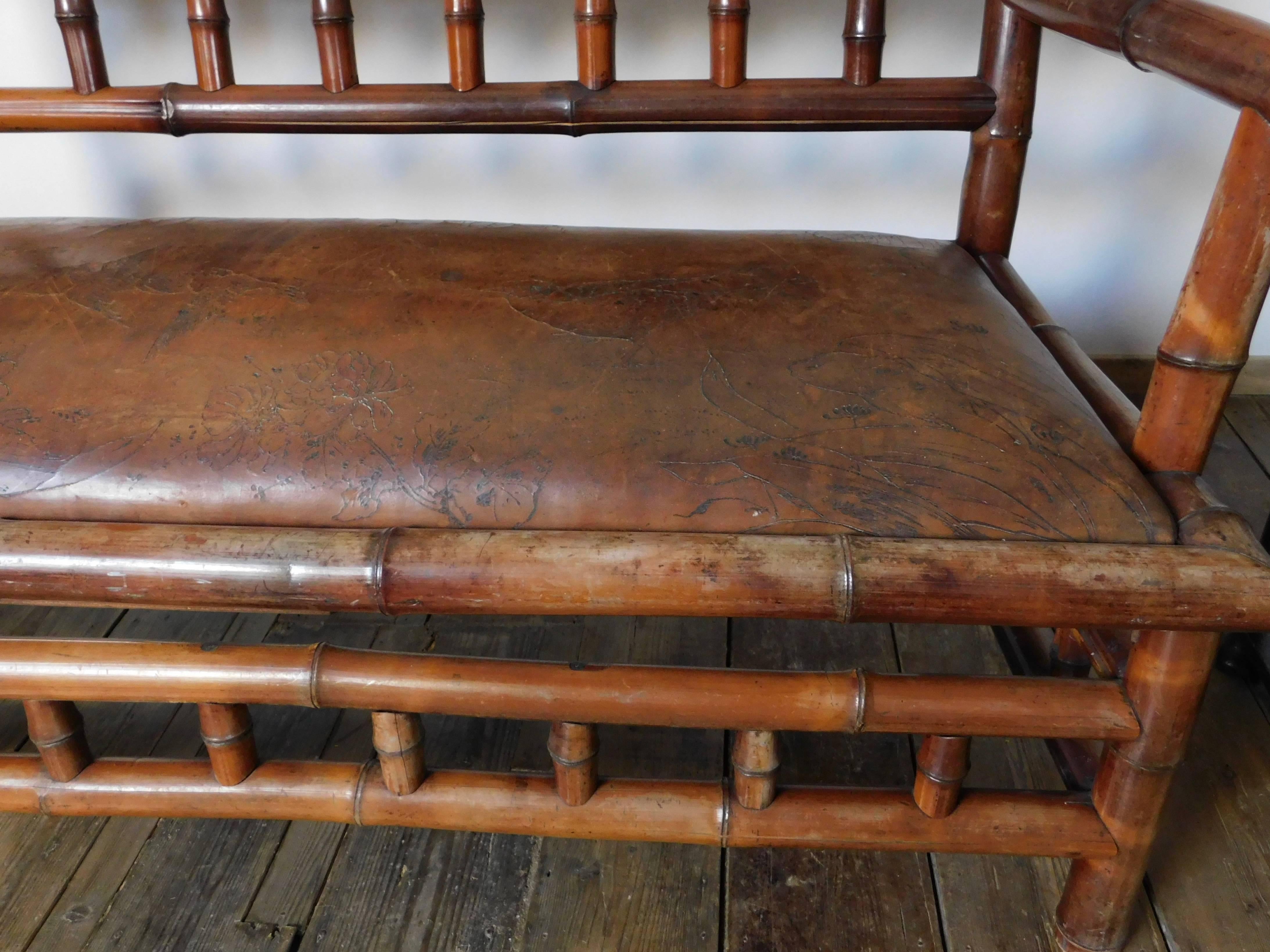 19th Century Perret Vibert Bamboo Settee with Decorated Leather Upholstery For Sale 4