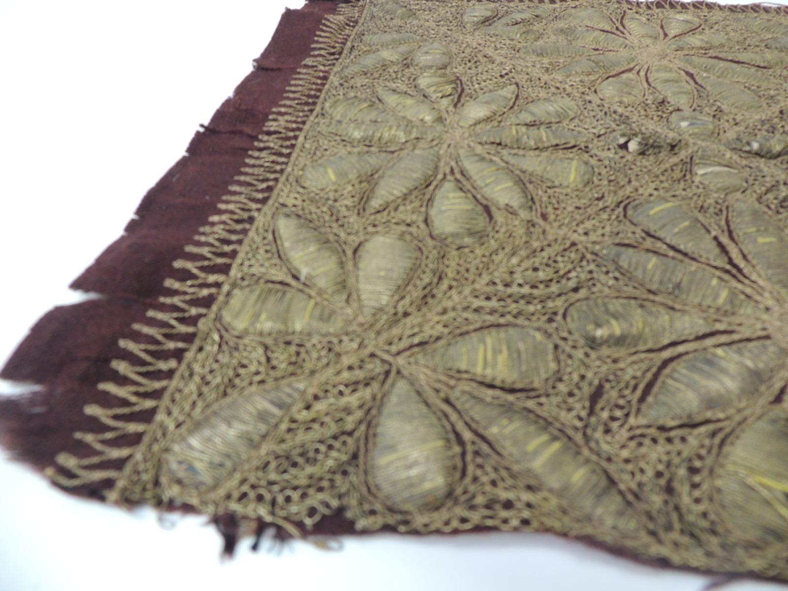 Antique Textile Collection:
19th c. Persian Ottoman Empire Gold Metallic Threads Embroidered Floral Textile on burgundy wool.
Ideal to frame it on a shadow box or made into a pillow.
Sold as is.
Size: 13. 3/4 x 15 W