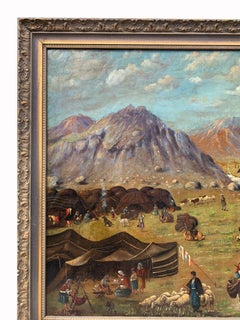 19th C. Persian Qajar Dynasty Oil on Canvas Painting Circle of Kamal Al Mulk