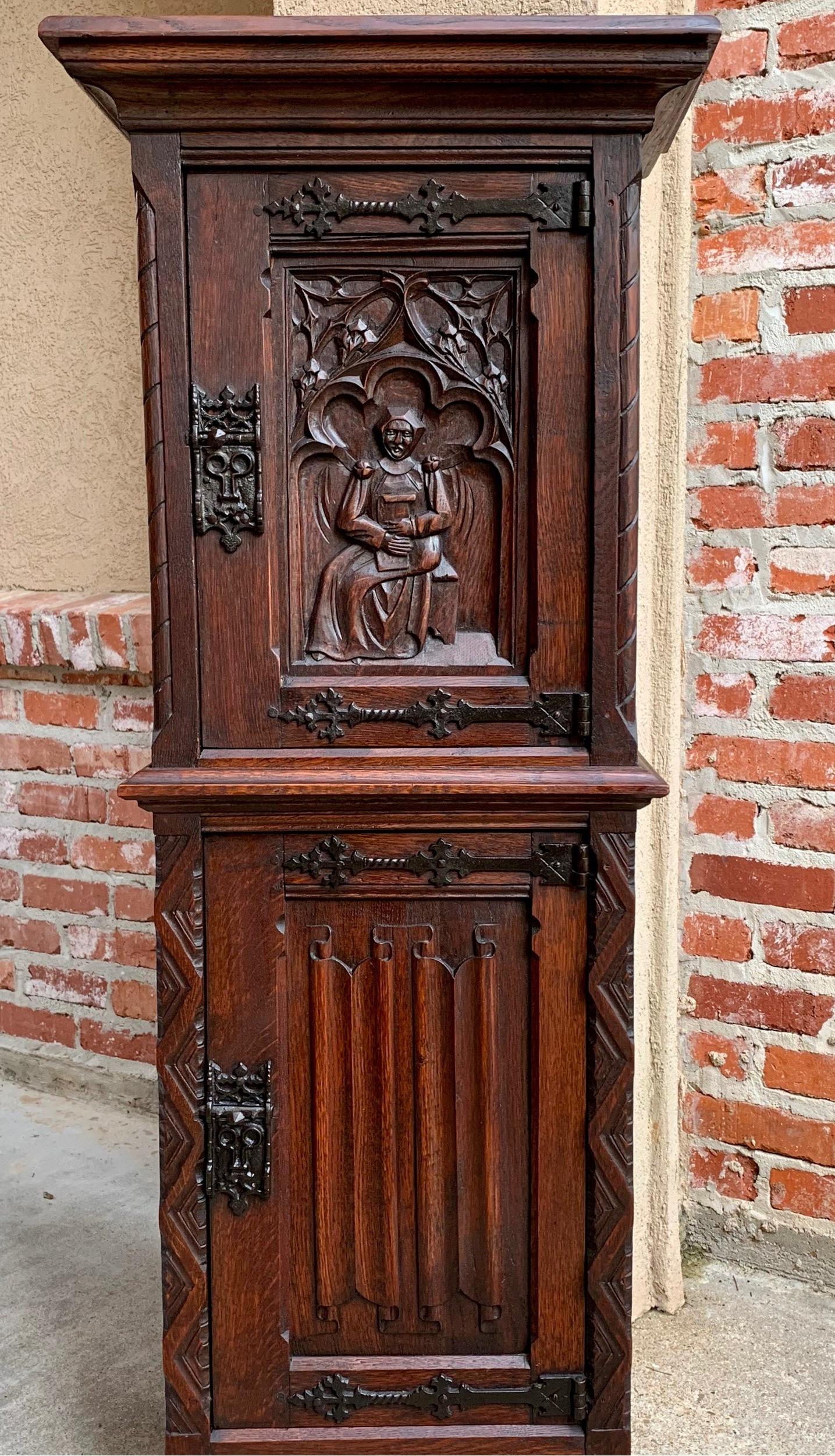 Hand-Carved 19th Century Petite French Carved Oak Gothic Vestment Cabinet Prayer Room