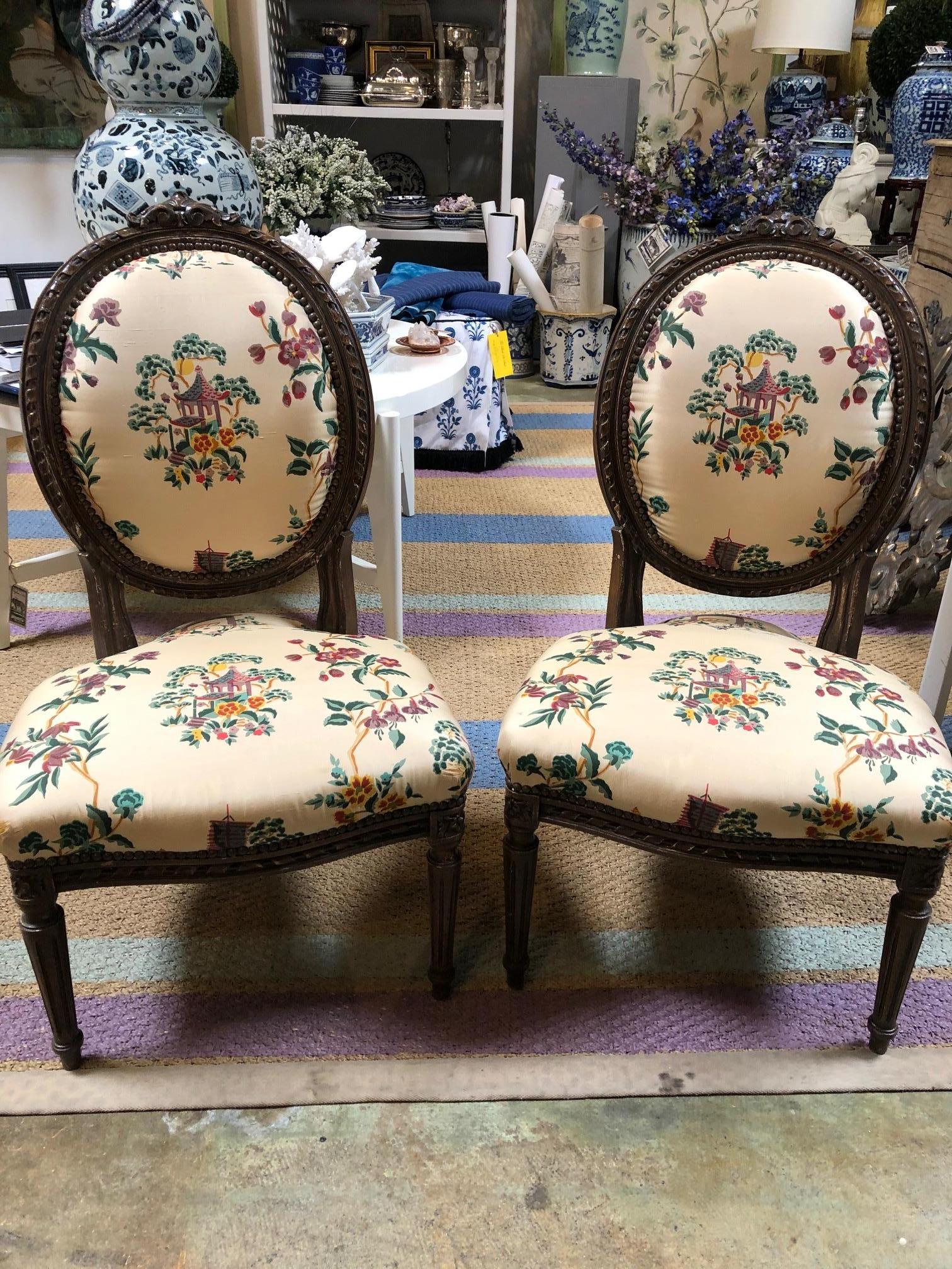 Beautiful petite French chairs. Upholstery is worn and could use new upholstery.