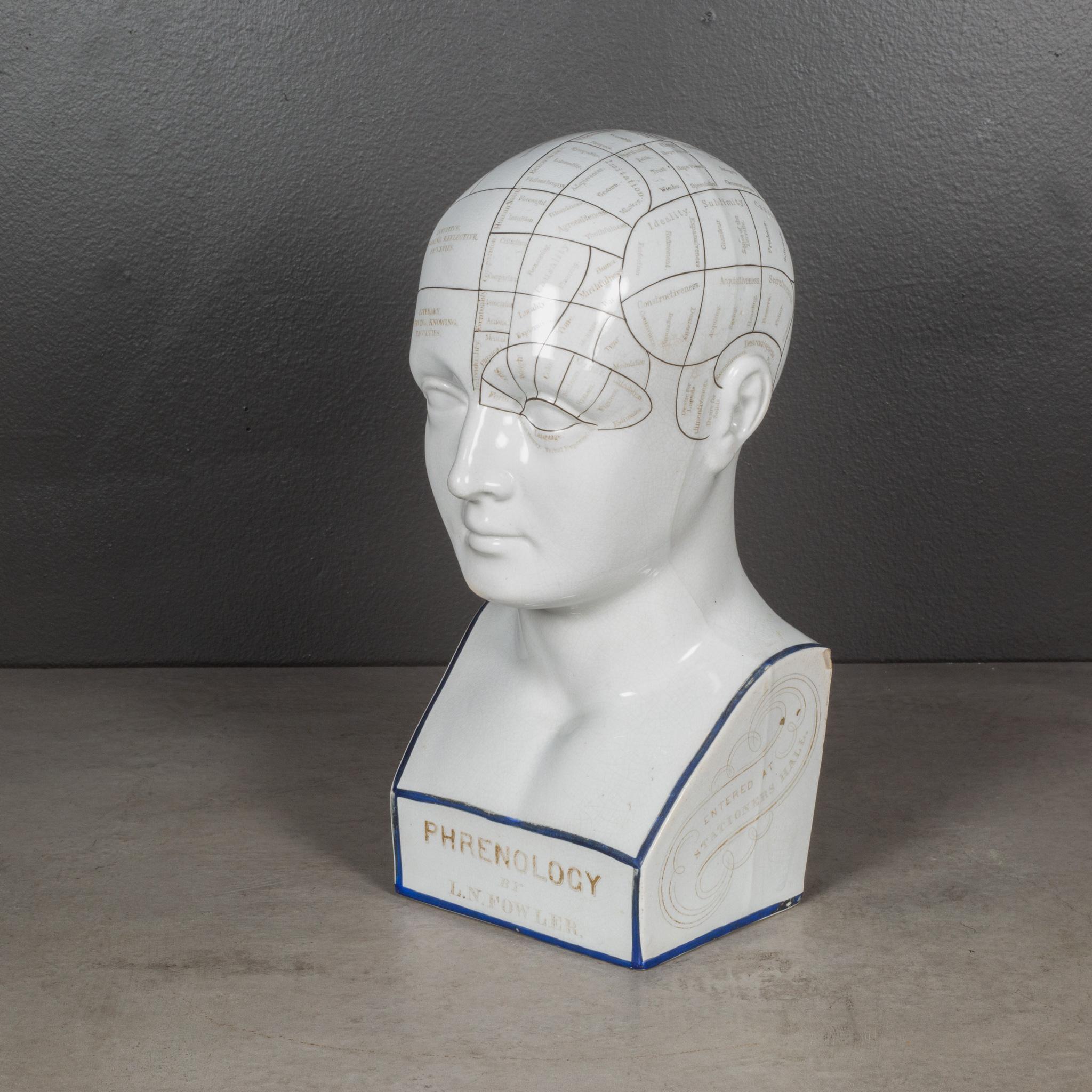 ABOUT

A 19th century porcelain Pherenology bust. A glazed phrenological bust by Lorenzo Niles Fowler (1811-1896) displaying 42 phrenological organs and their names on one side and their seven collective groupings on the other.

Inscription on the
