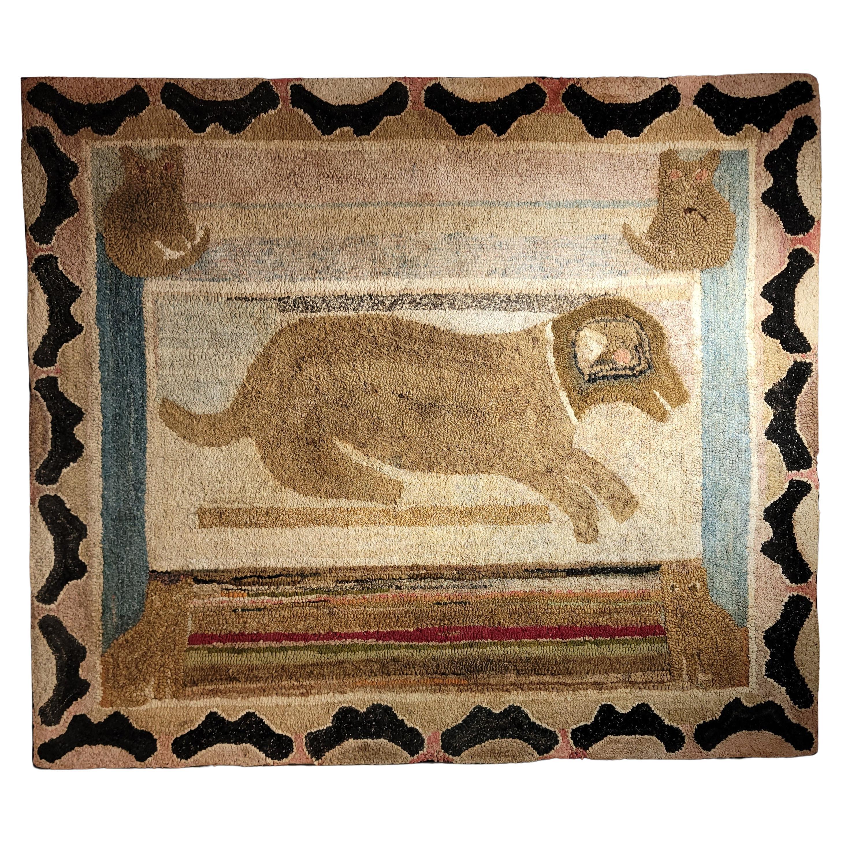 Whimsical Hooked Rug with Pink Stripped Cow and Little White Dog, Ca 1910 For Sale at 1stDibs