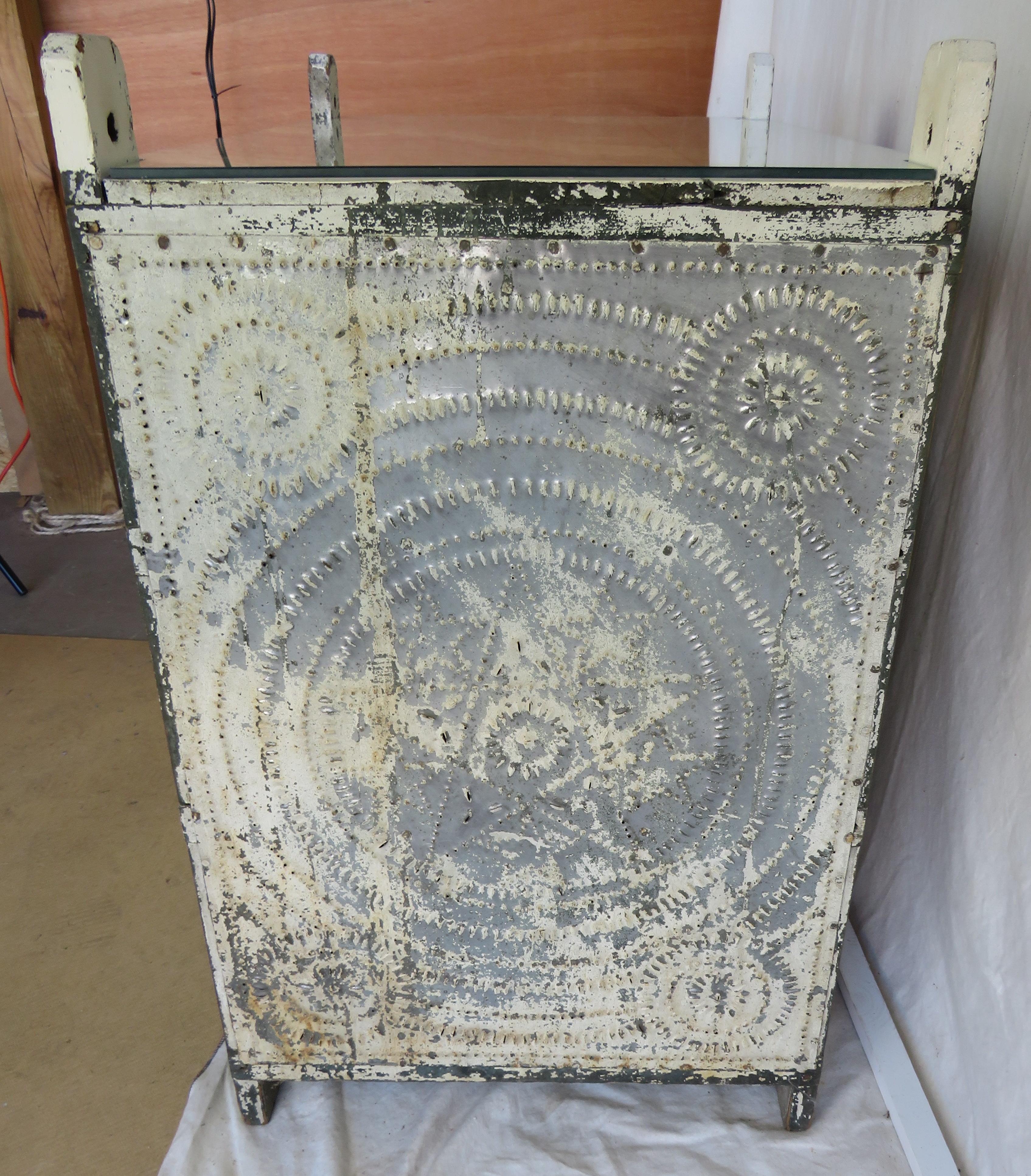 Hand-Crafted 19th C. Pie Safe in White Paint With Punched Tin Decoration For Sale