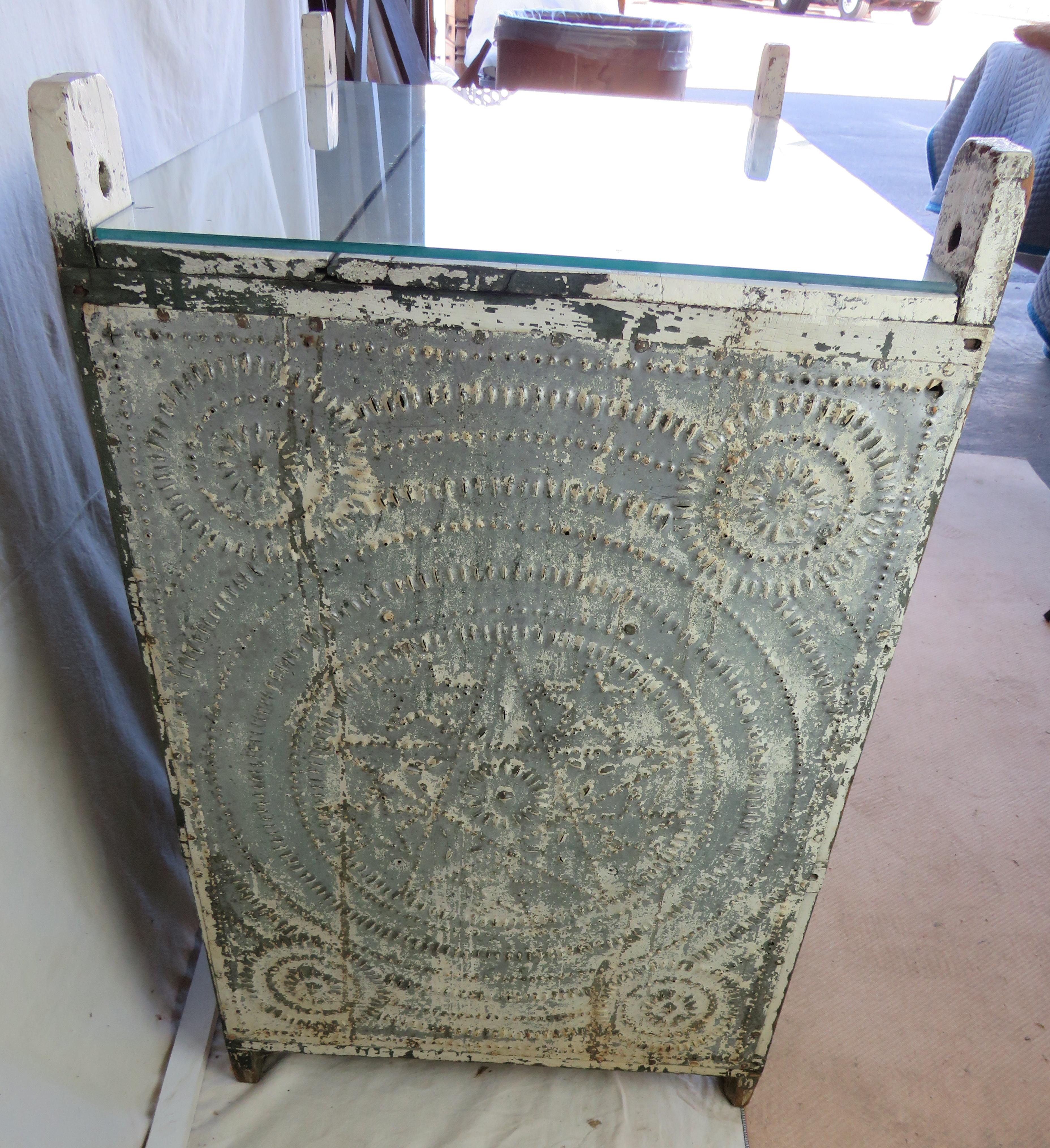 Hand-Crafted 19th C. Pie Safe in White Paint With Punched Tin Decoration For Sale