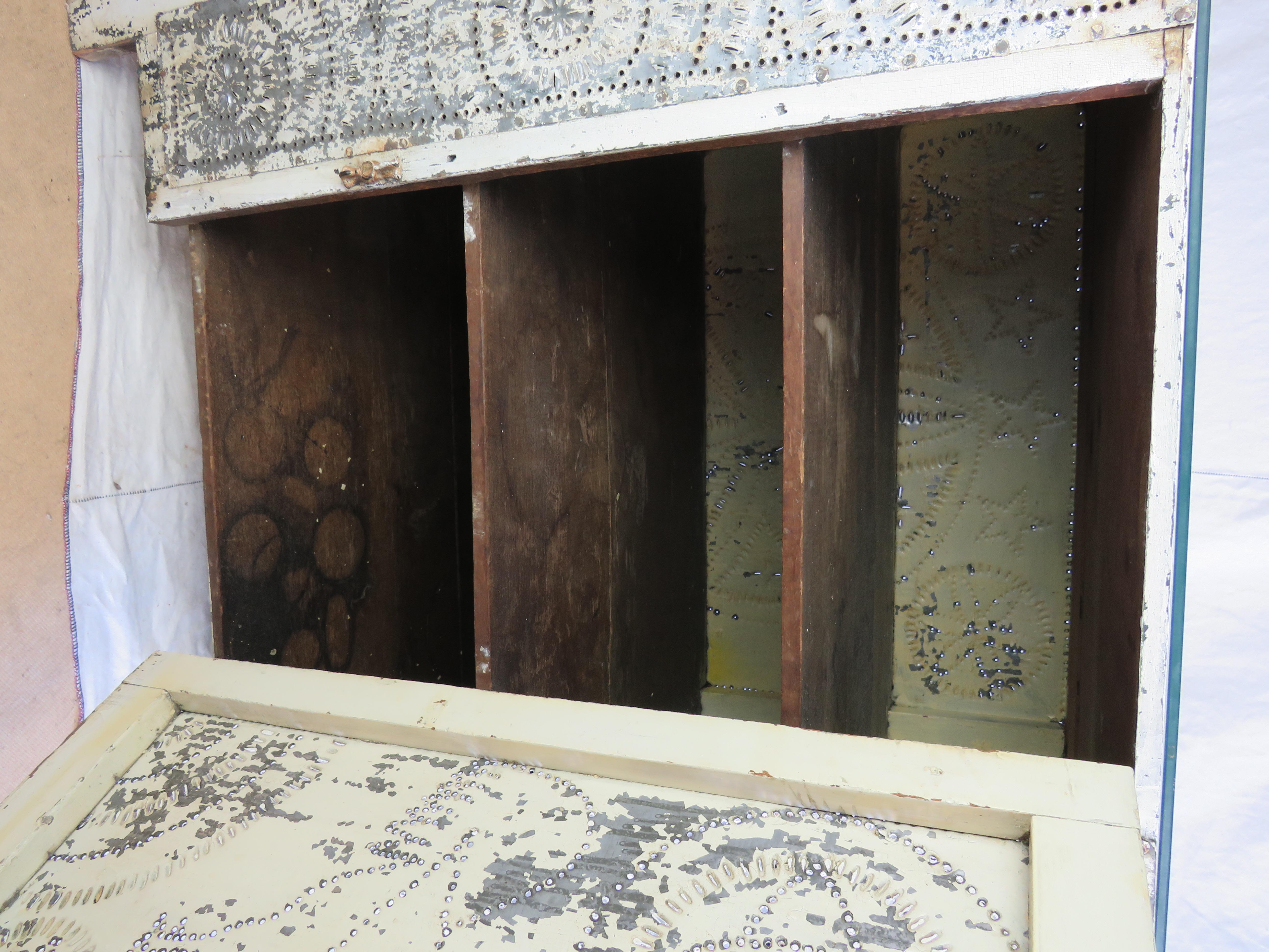 Hand-Crafted 19th C. Pie Safe in White Paint With Punched Tin Decoration For Sale