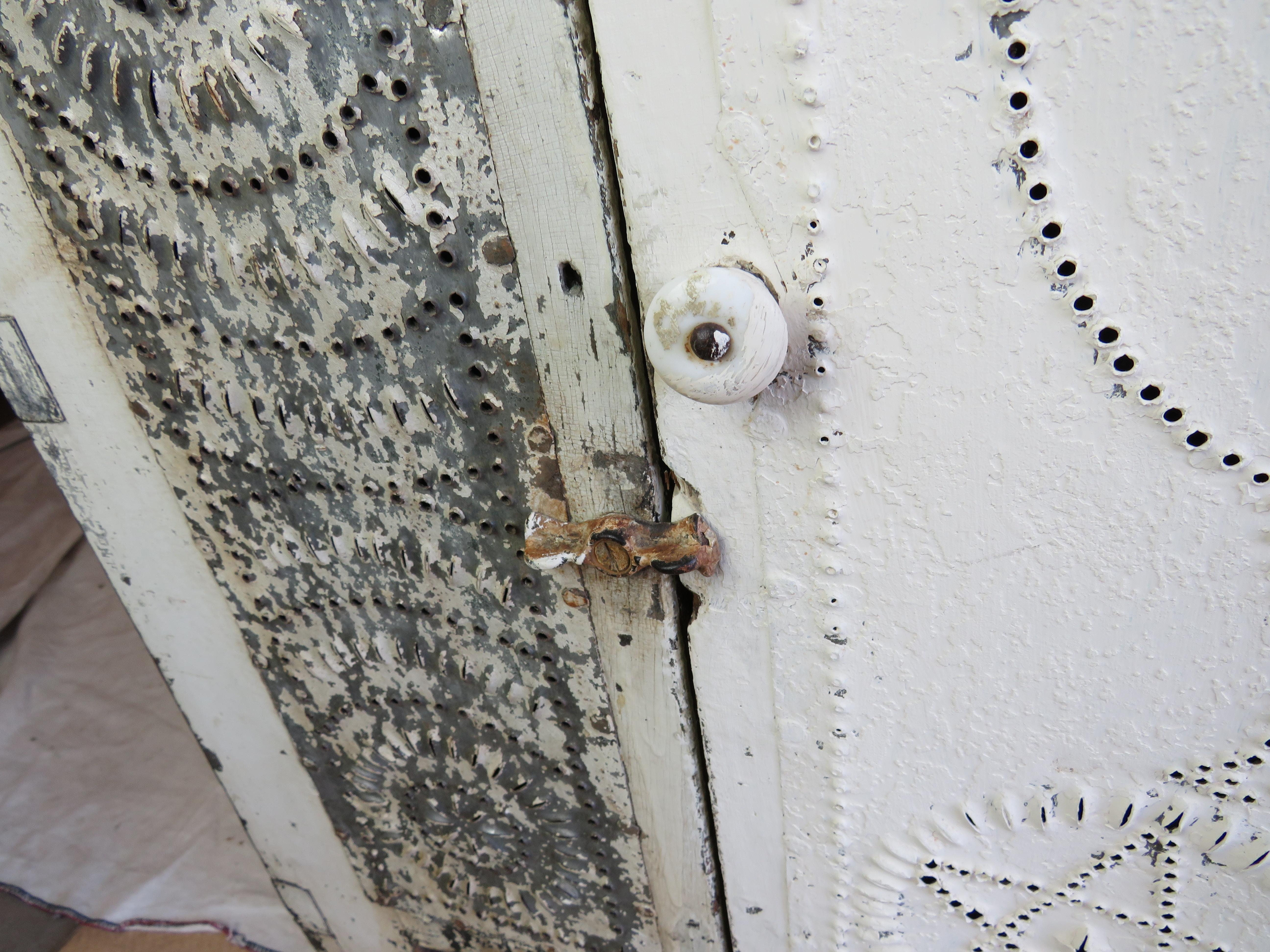 Glass 19th C. Pie Safe in White Paint With Punched Tin Decoration For Sale