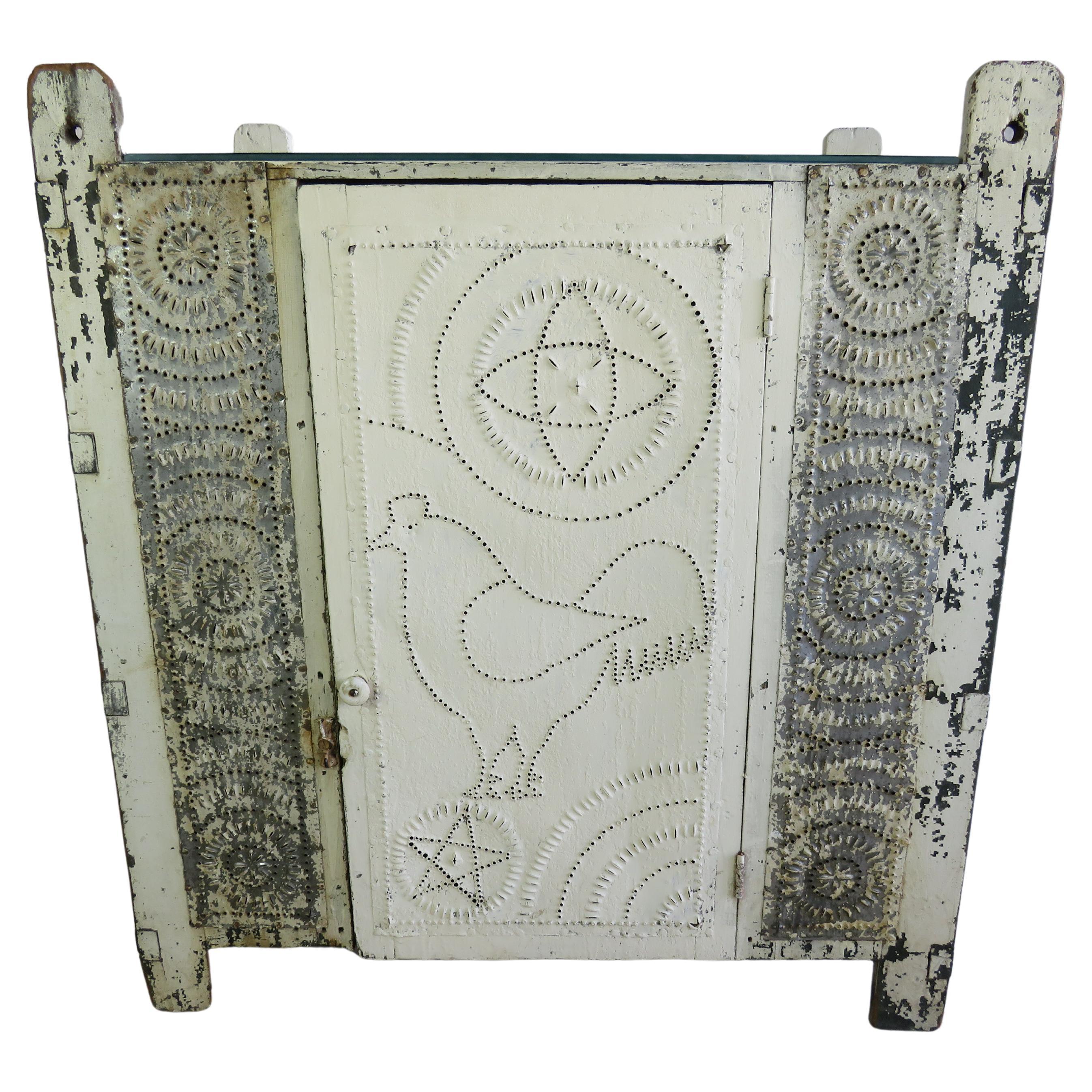 19th C. Pie Safe in White Paint With Punched Tin Decoration For Sale