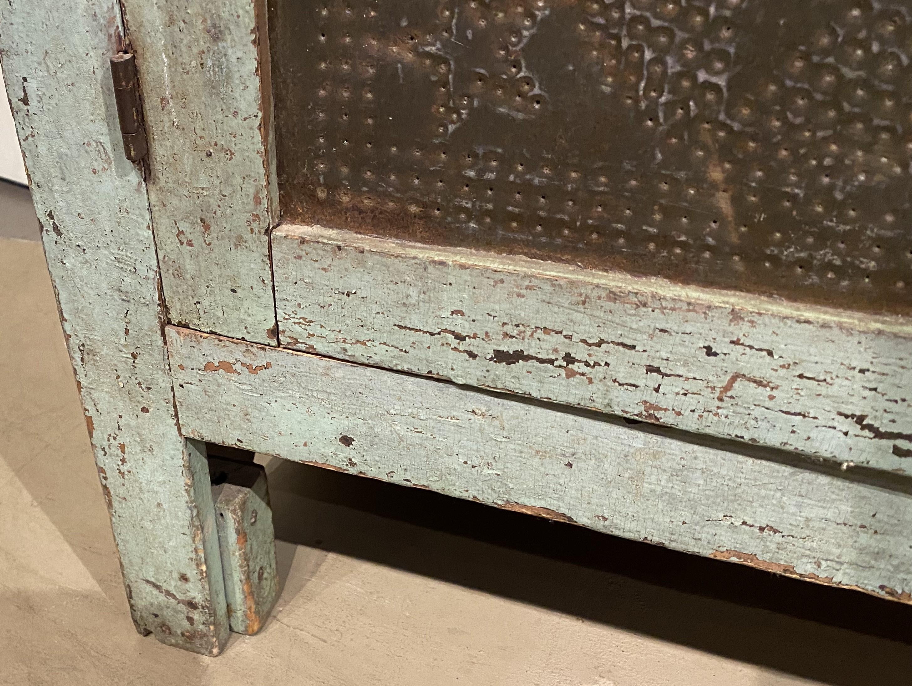 19th c Pie Safe with Punched Tin Panels in Old Green Paint For Sale 4