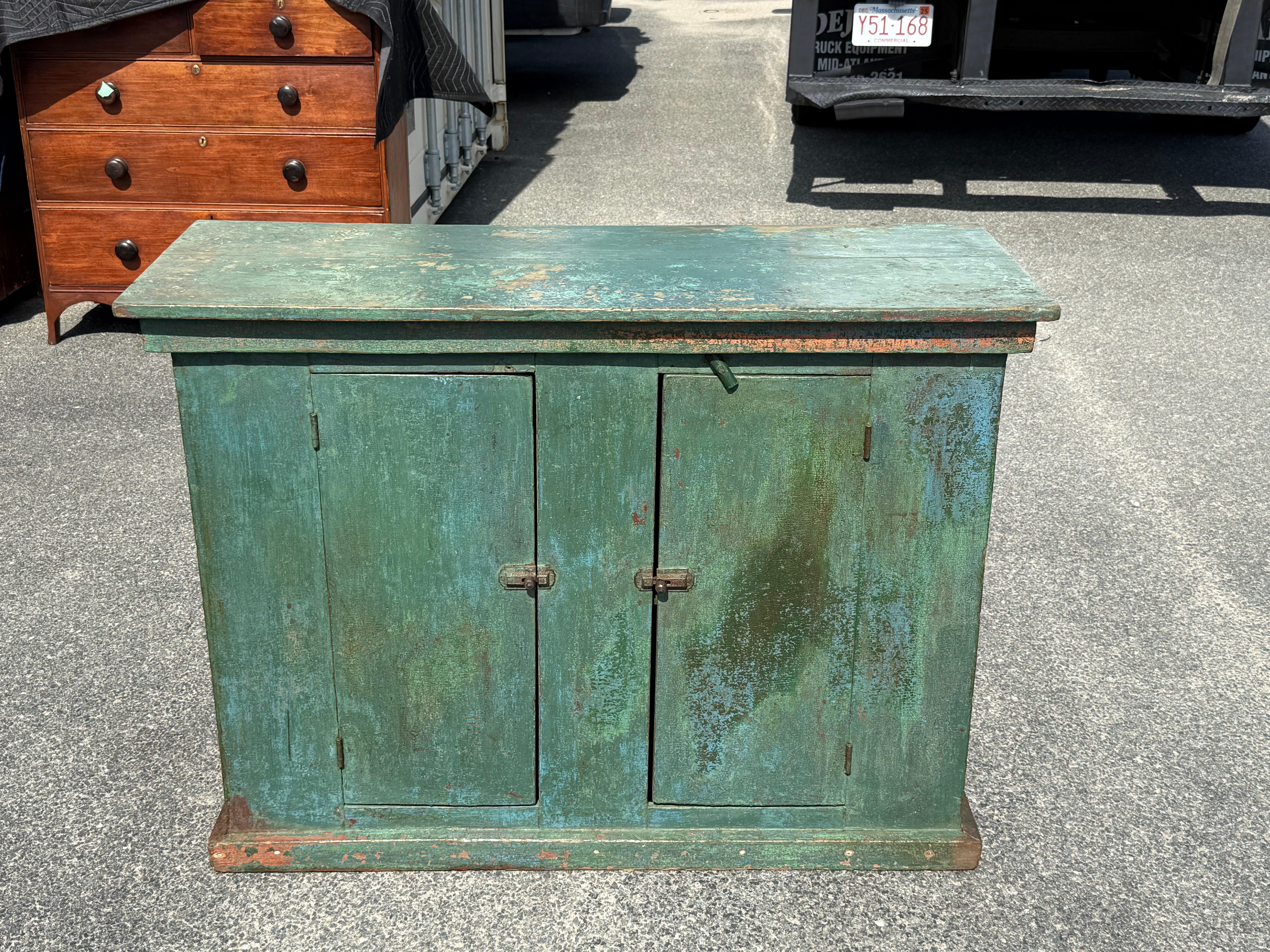 Canadian 19th c. Pine Buffet in Early Green/Blue Paint For Sale