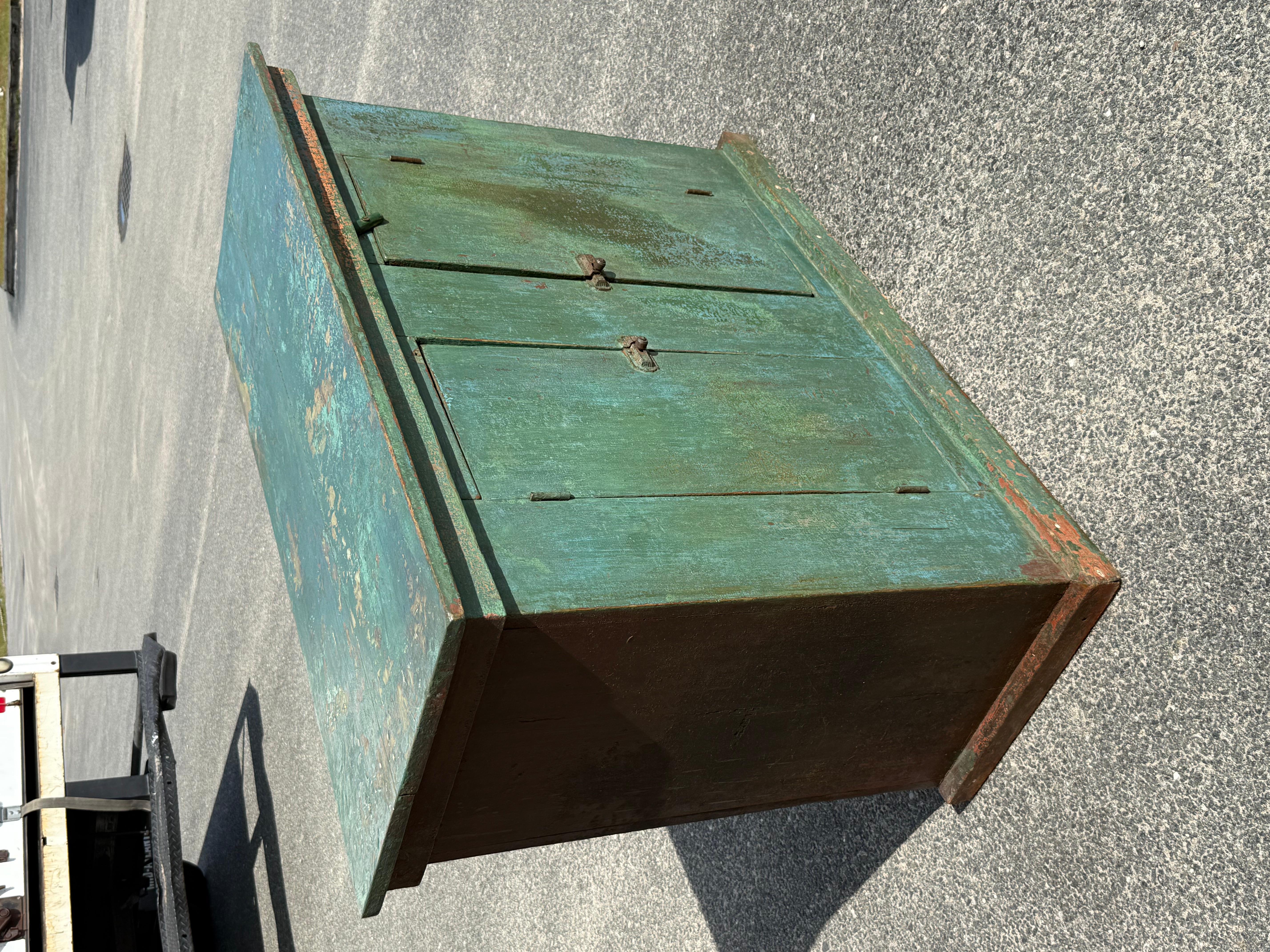 Hand-Crafted 19th c. Pine Buffet in Early Green/Blue Paint For Sale