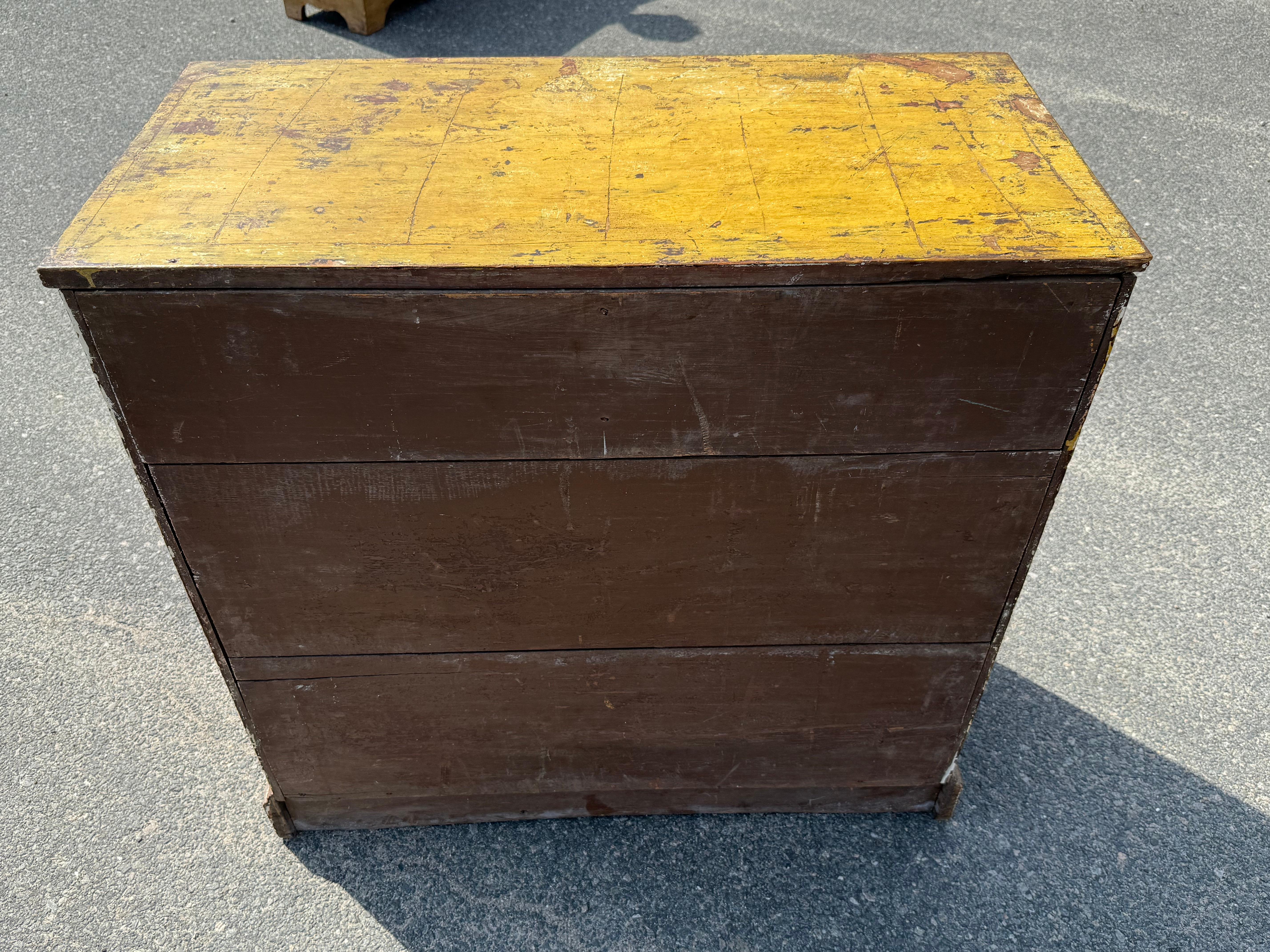 Hand-Crafted 19th c. PIne Chest of Drawers in Mustard Paint For Sale