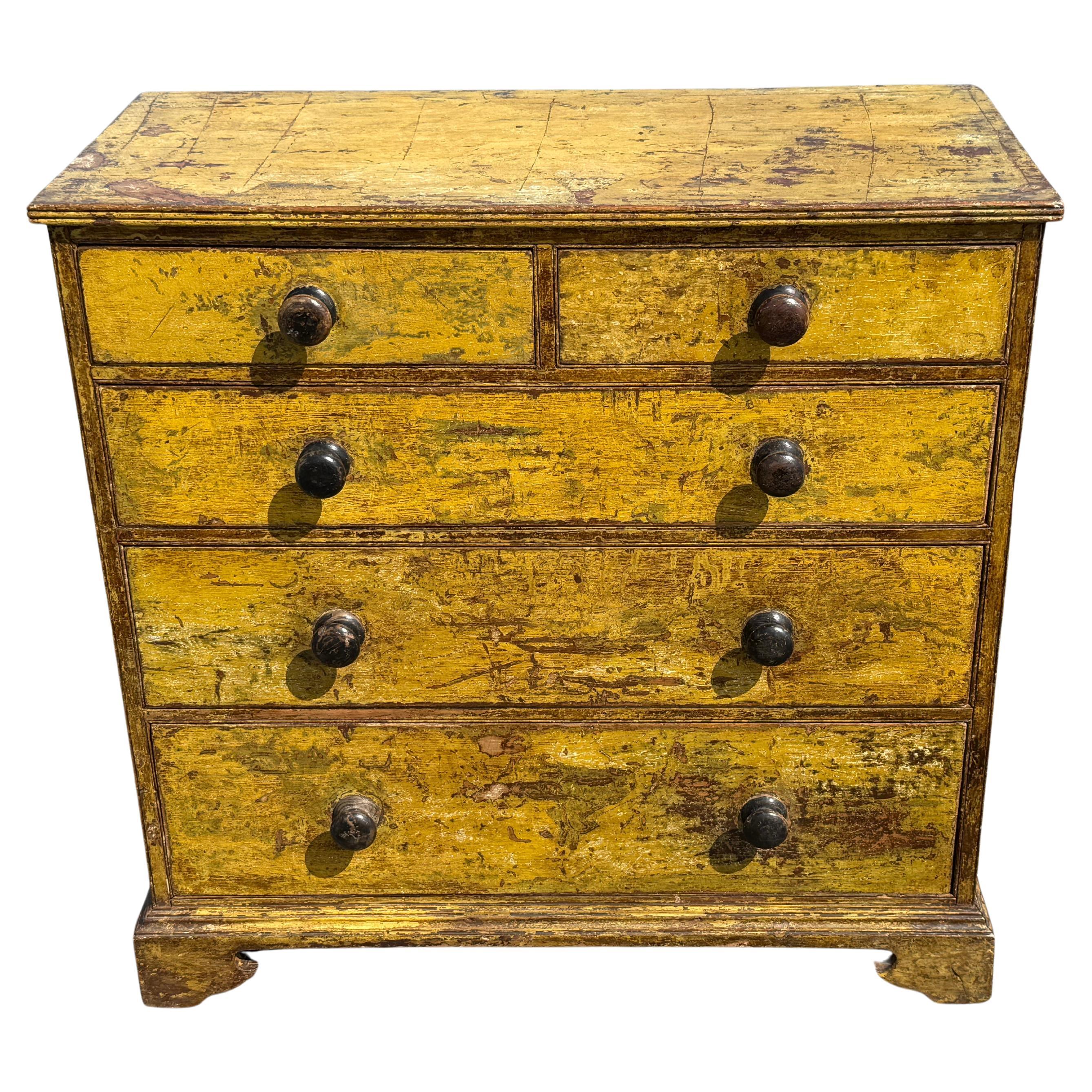19th c. PIne Chest of Drawers in Mustard Paint