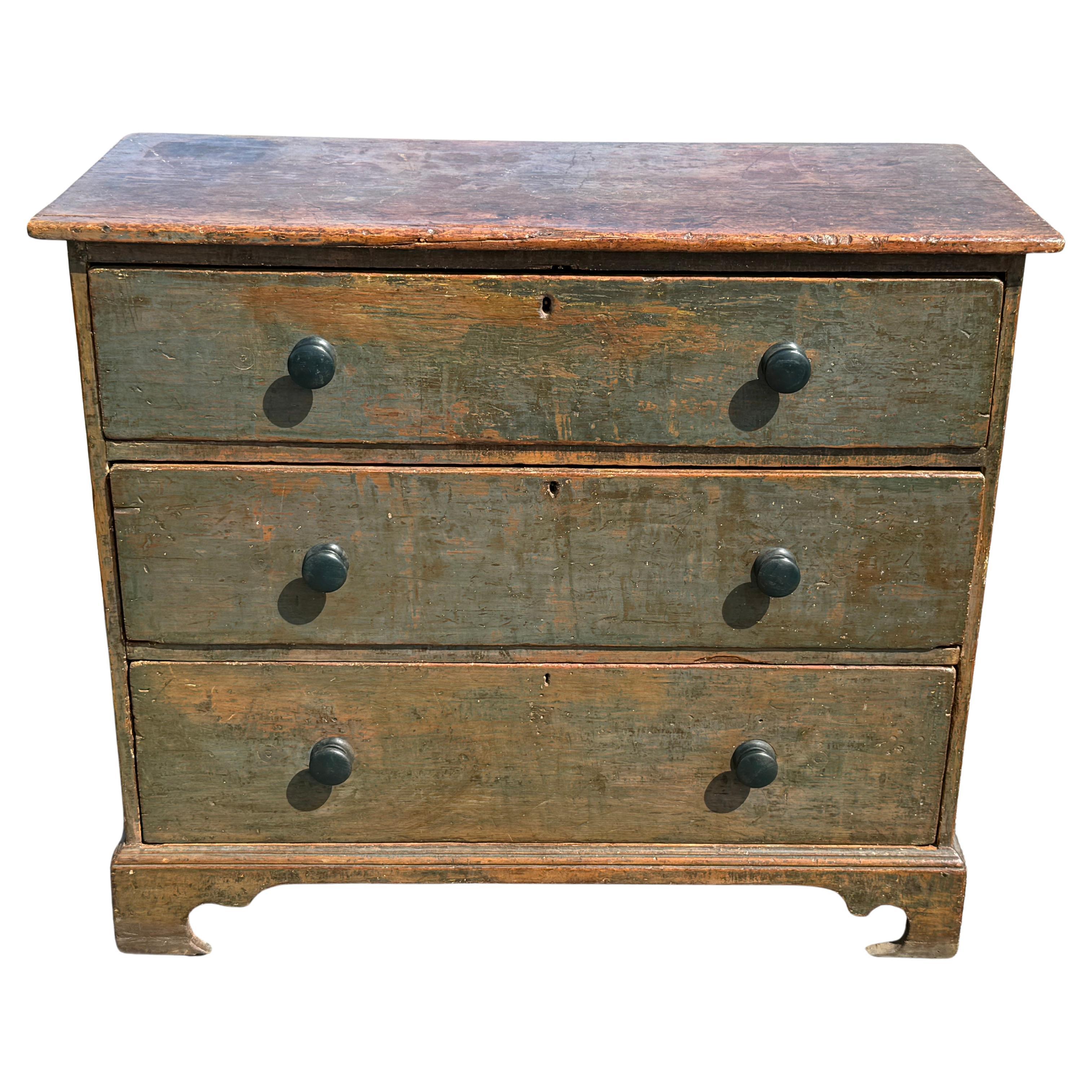 19th c. Pine Chest of Drawers in Original Blue Paint