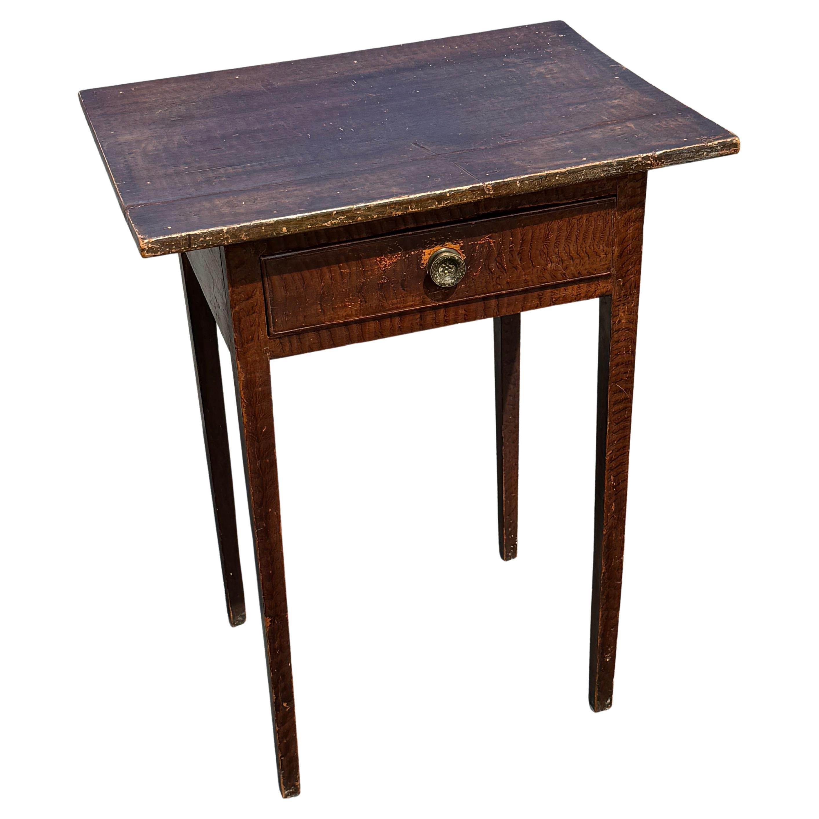 19th c. Pine Single Drawer Stand with Faux Tiger Maple Paint