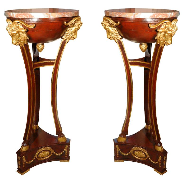 19th c pr of Louis XVI mahogany and parcel gilt with marble tops