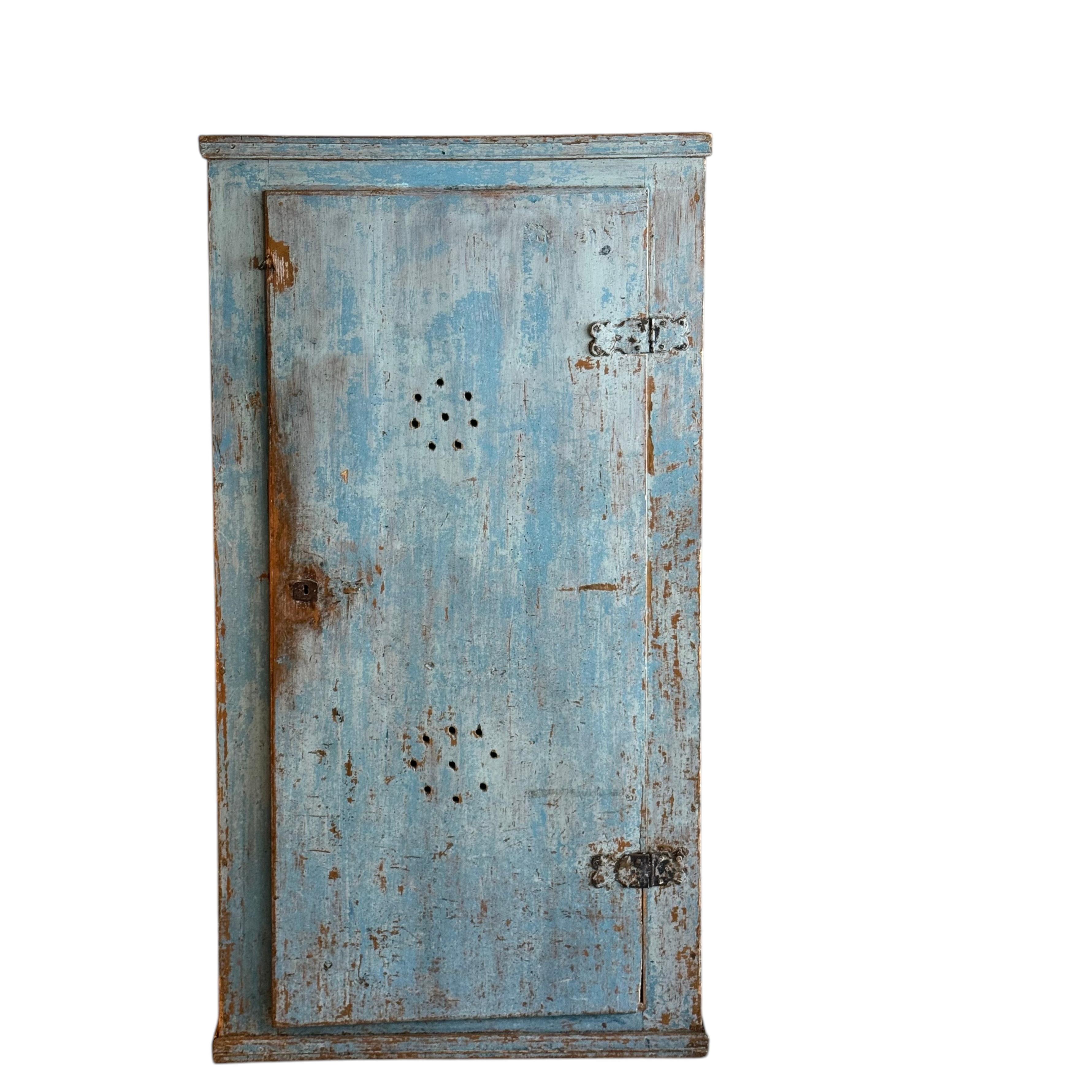 19th C Primitive Blue Painted Pantry Cabinet For Sale