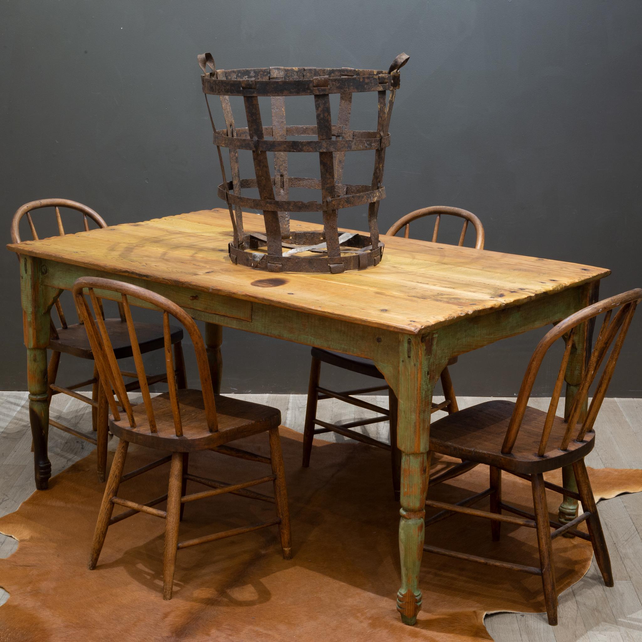 Contact us for more shipping options: S16 Home San Francisco. 

A primitive rustic farmhouse dining table table with one drawer. The base has turned legs and is constructed using tenon joints and no nails. The top consists of wide planks of wood