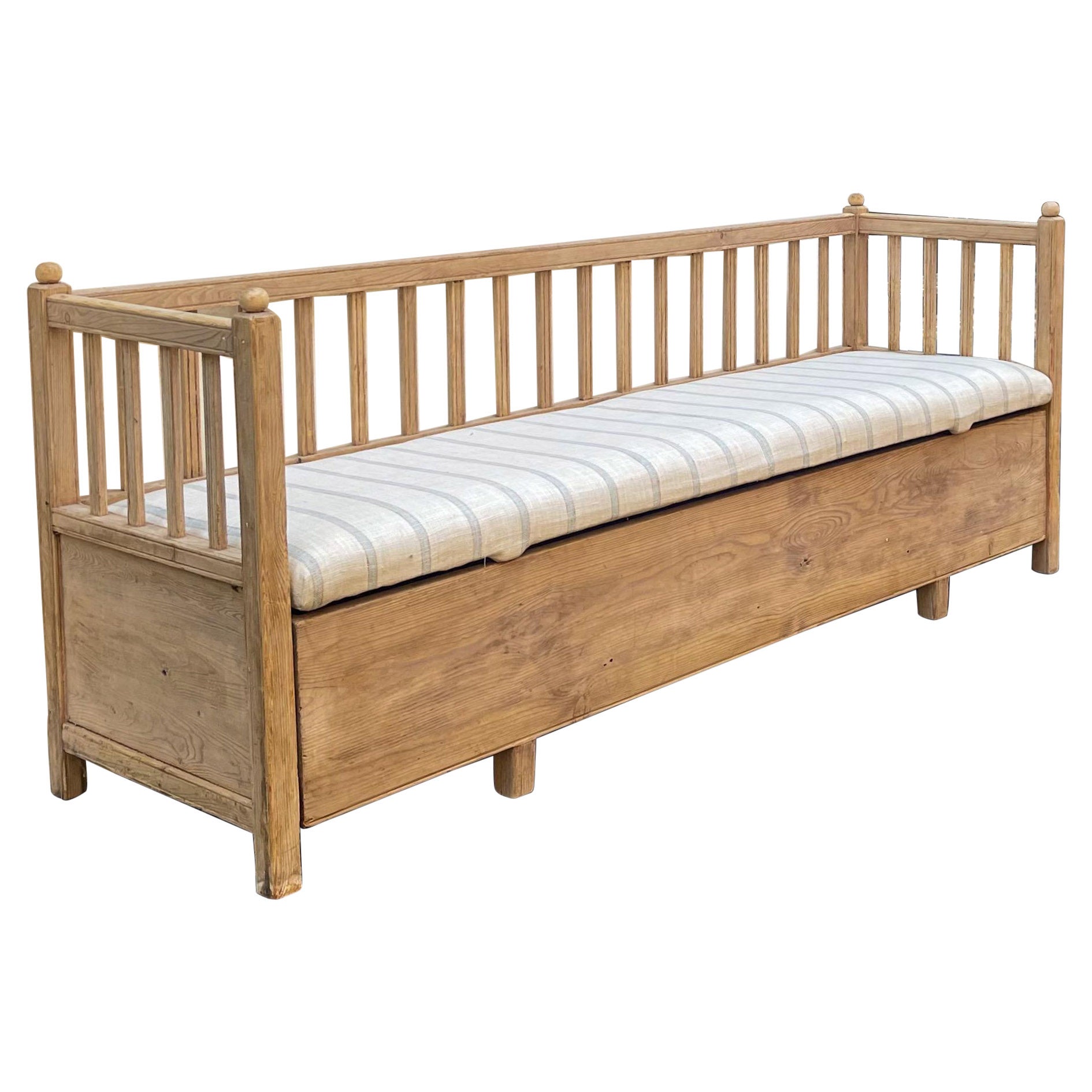 19th-C. Primitive Farmhouse Swedish Pine Bench / Settle in Blue & White Linen