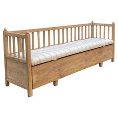 19th-C. Primitive Farmhouse Swedish Pine Bench / Settle in Blue & White Linen