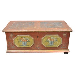19th C. Floral Red Orange Blue Polychrome Painted Blanket Chest Trunk