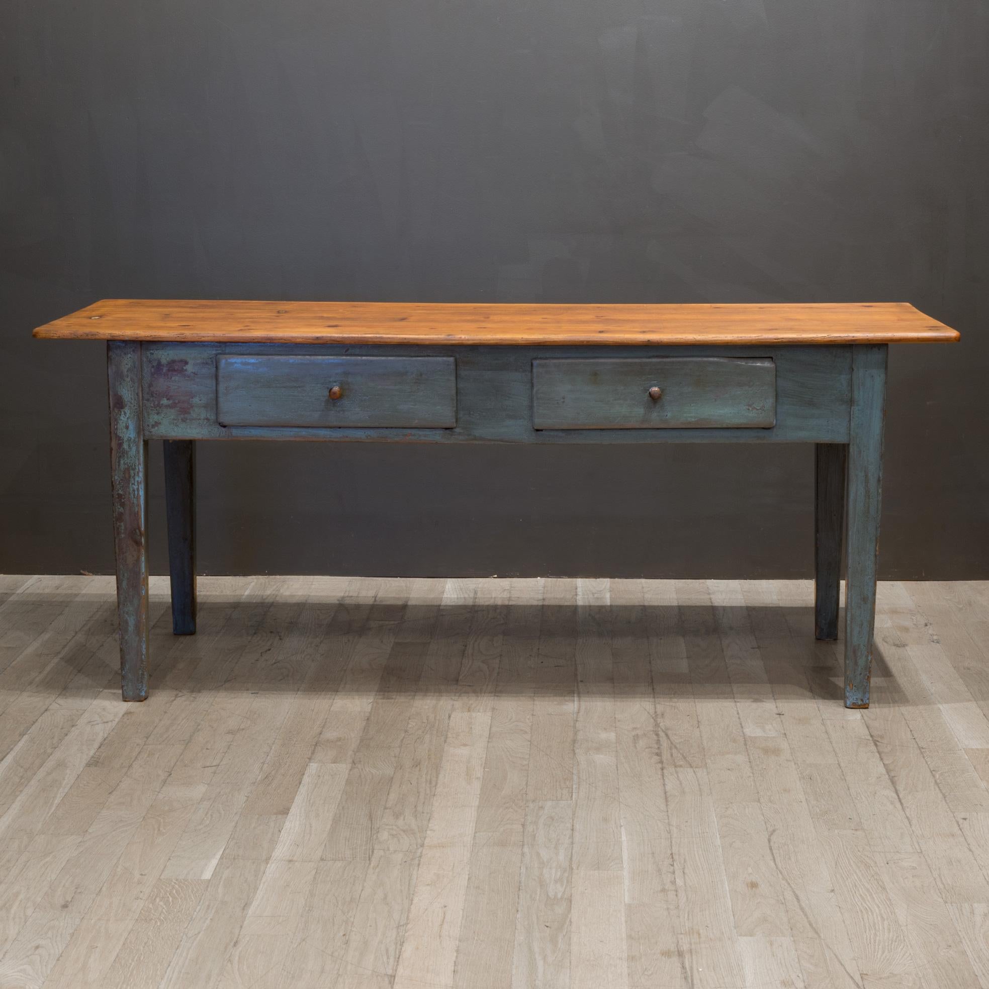 American 19th C. Primitive Scrubbed Farmhouse Dining Table or Console, c.1890