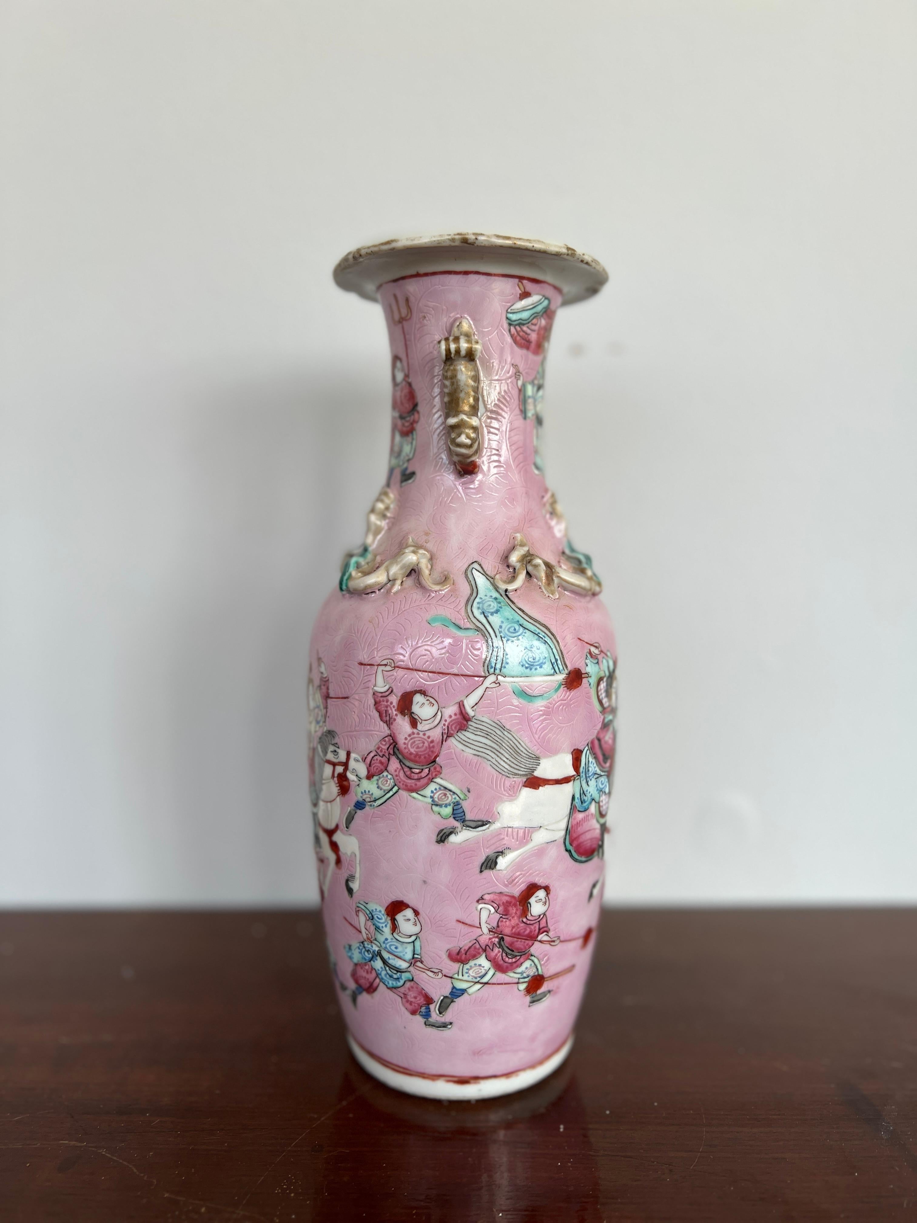 Chinese Export 19th C., Qing Dynasty Chinese Porcelain Famille Rose Pink Ground Warrior Vase For Sale