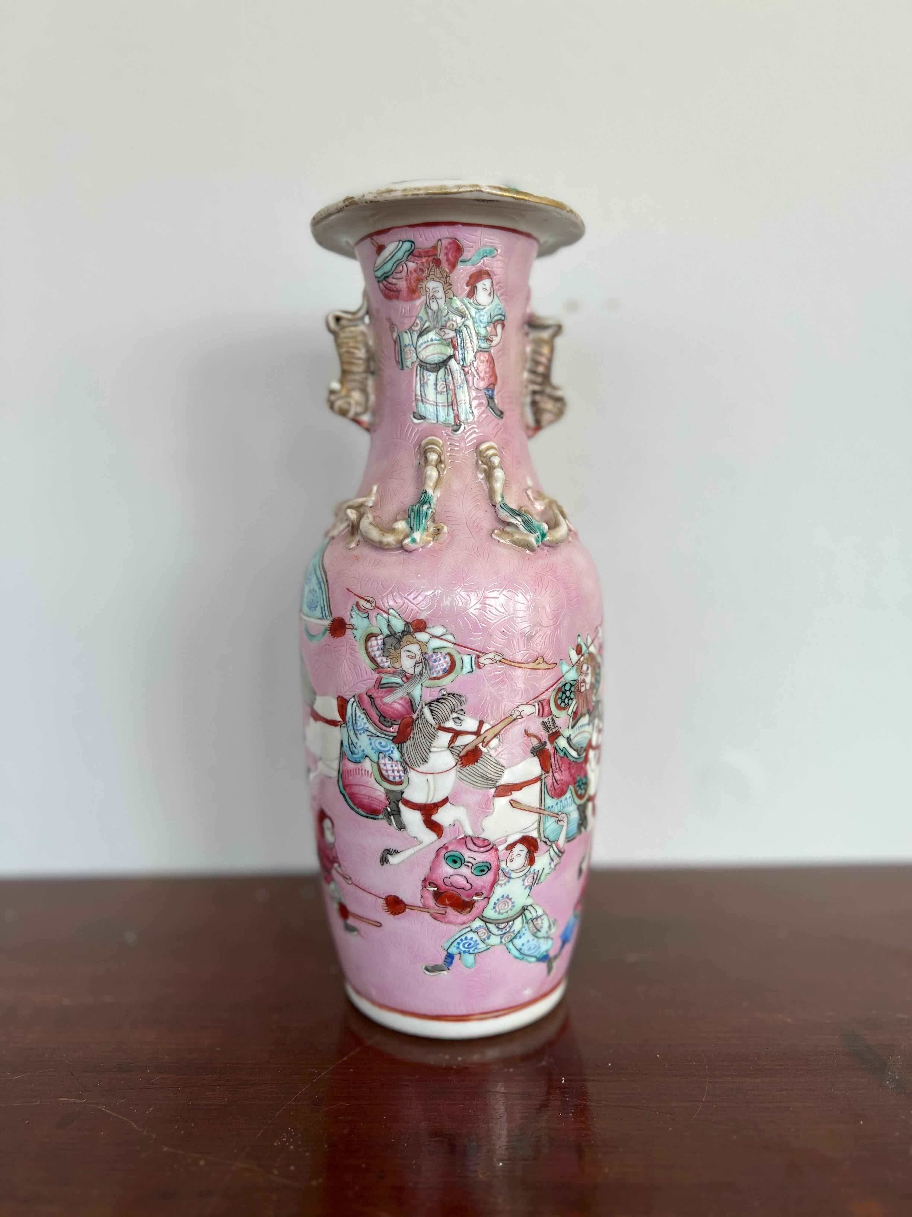19th C., Qing Dynasty Chinese Porcelain Famille Rose Pink Ground Warrior Vase In Good Condition For Sale In Atlanta, GA