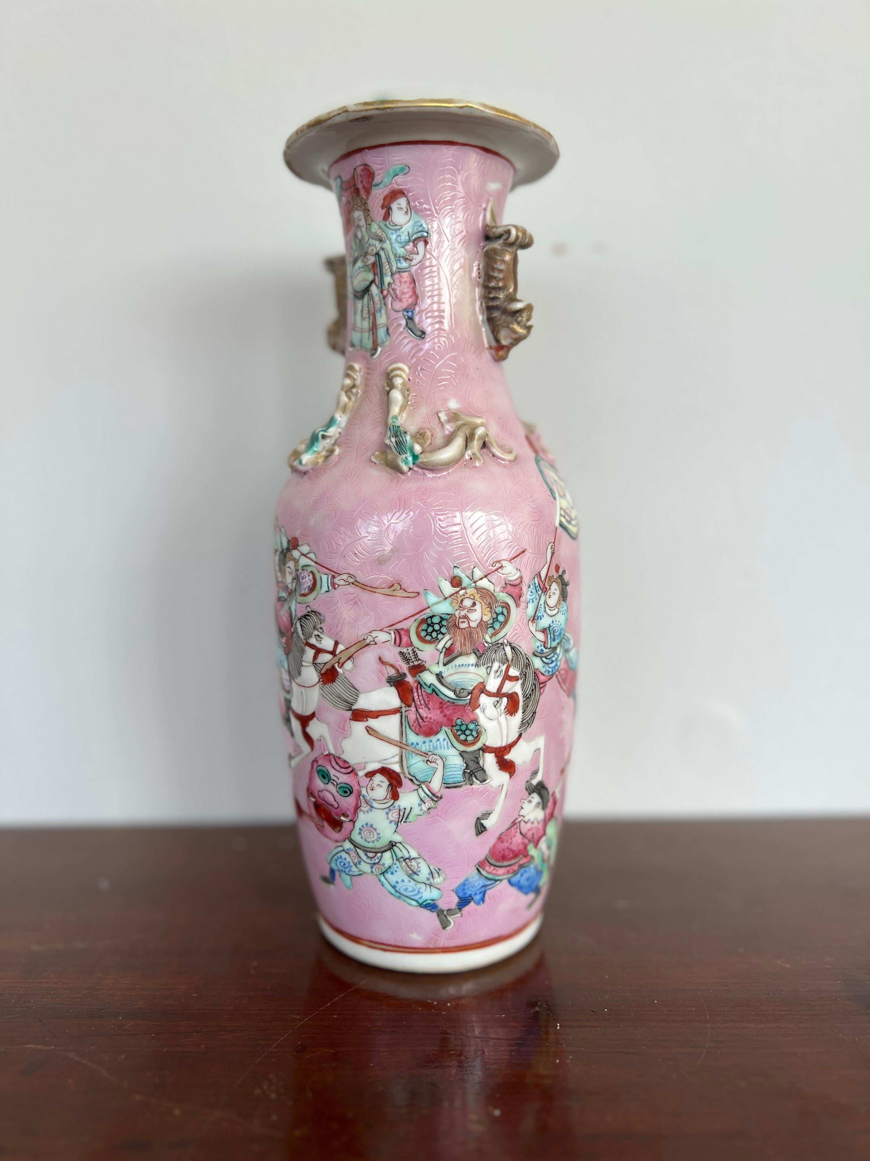 19th Century 19th C., Qing Dynasty Chinese Porcelain Famille Rose Pink Ground Warrior Vase For Sale