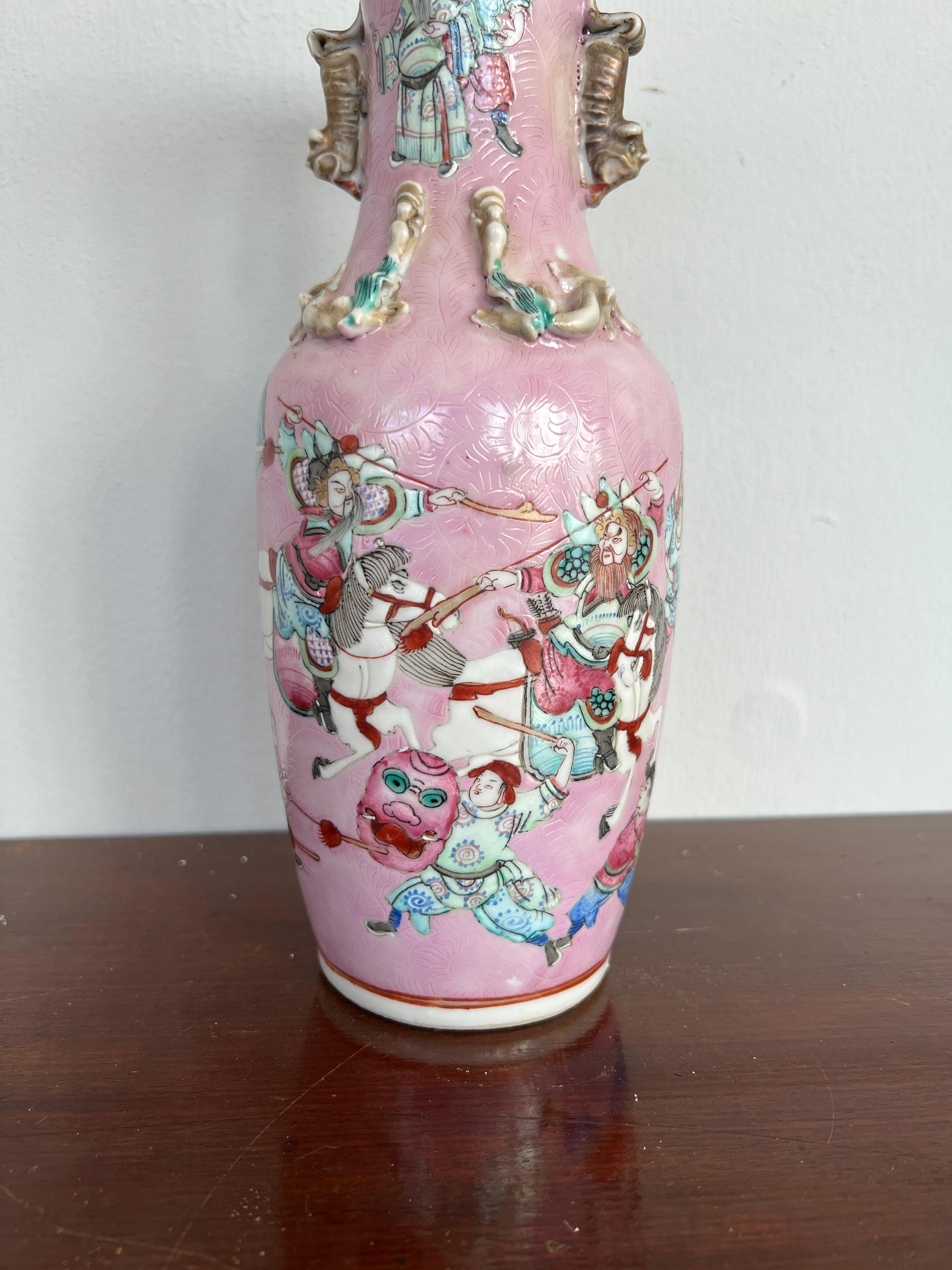 19th C., Qing Dynasty Chinese Porcelain Famille Rose Pink Ground Warrior Vase For Sale 1